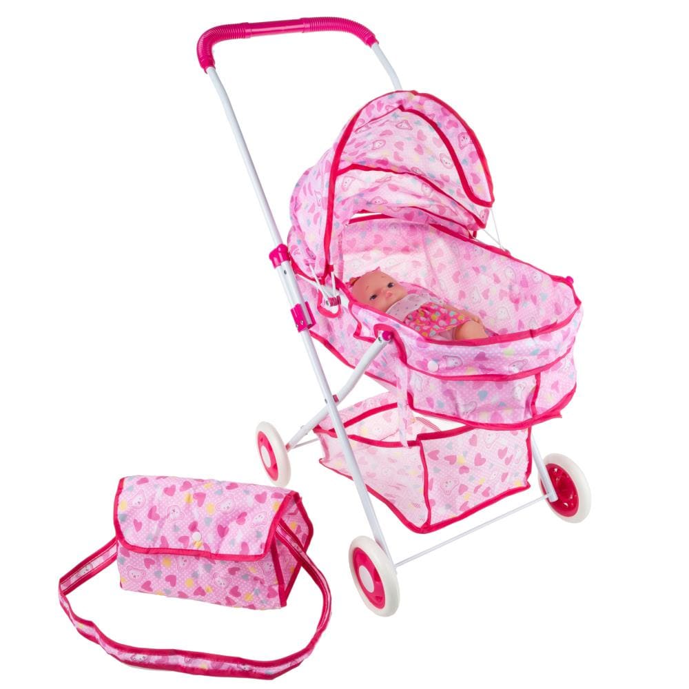 Deluxe Toy Pram for 18-in Baby Dolls - Foldable Pink Carriage with Diaper Bag, Storage Basket and Canopy -  | - Toy Time 583797YIM