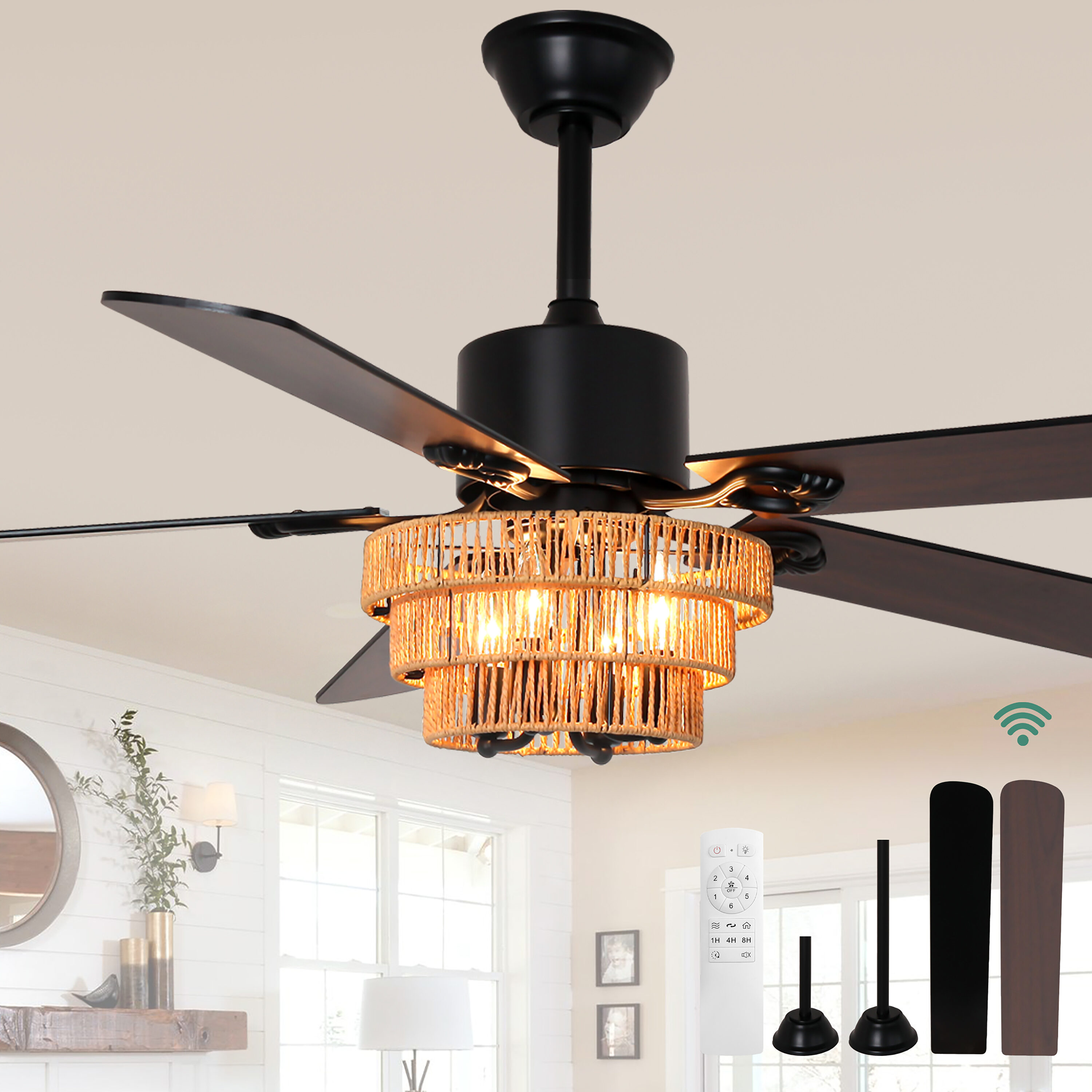 Cusp Barn CS52P21 52-in Black with Wood Blades Chandelier Ceiling Fan Without Light - Remote Included ( 5 -Blade )