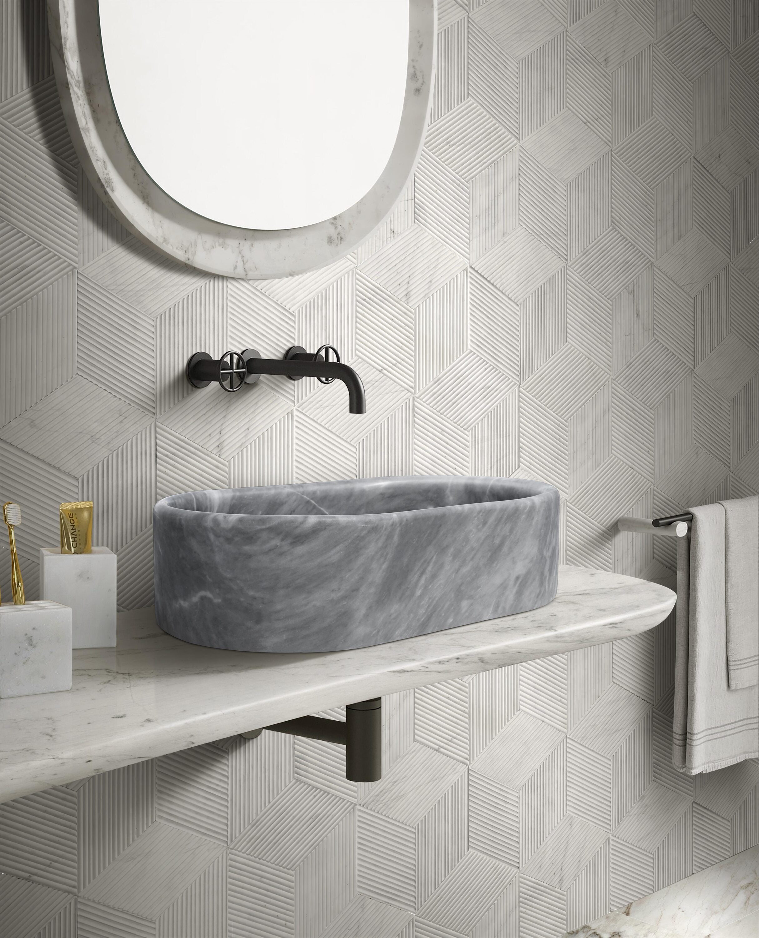 CASAINC natural marble bathroom vessel sink Natural Stone 23.6-in Vessel Elliptical Modern Gray Bathroom Sink