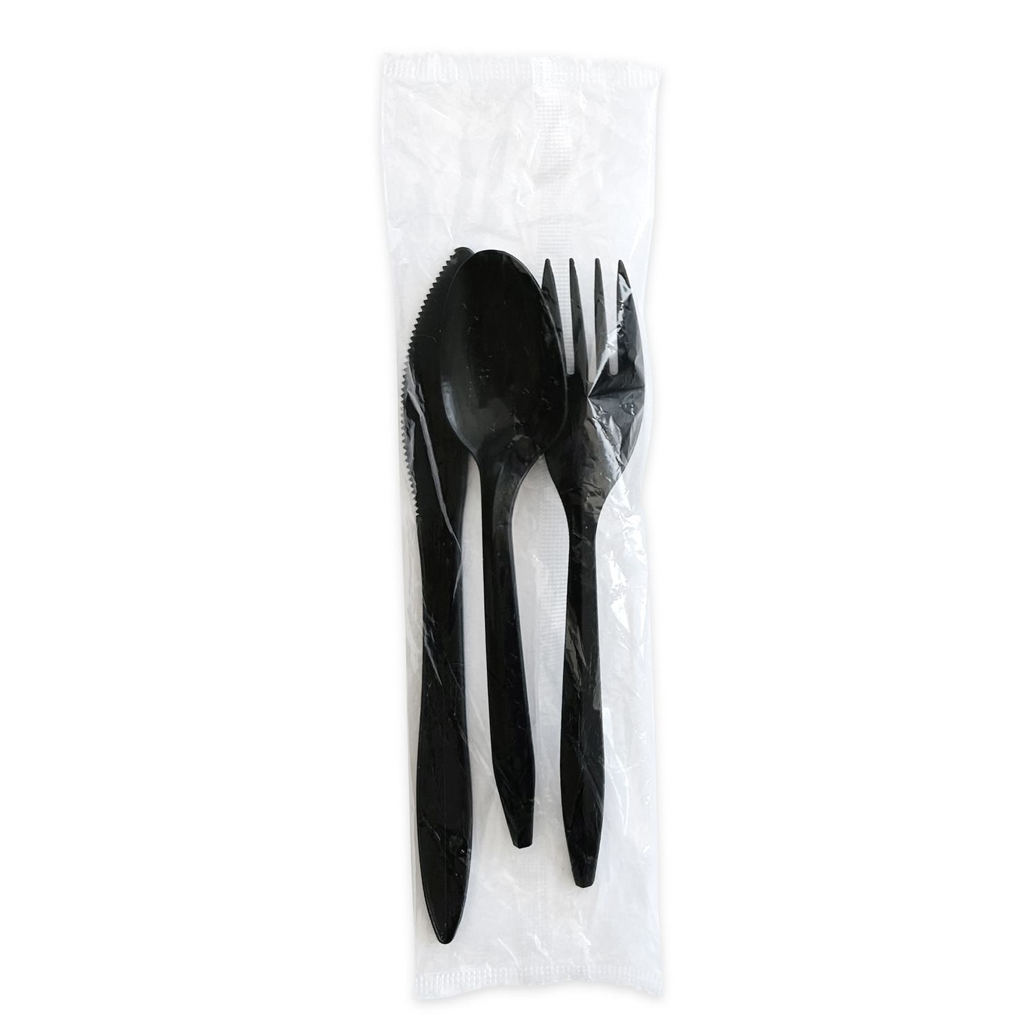 Boardwalk Three-Piece Polystyrene Cutlery Kit Mediumweight Fork/Knife/Spoon Plastic Black 250/Carton