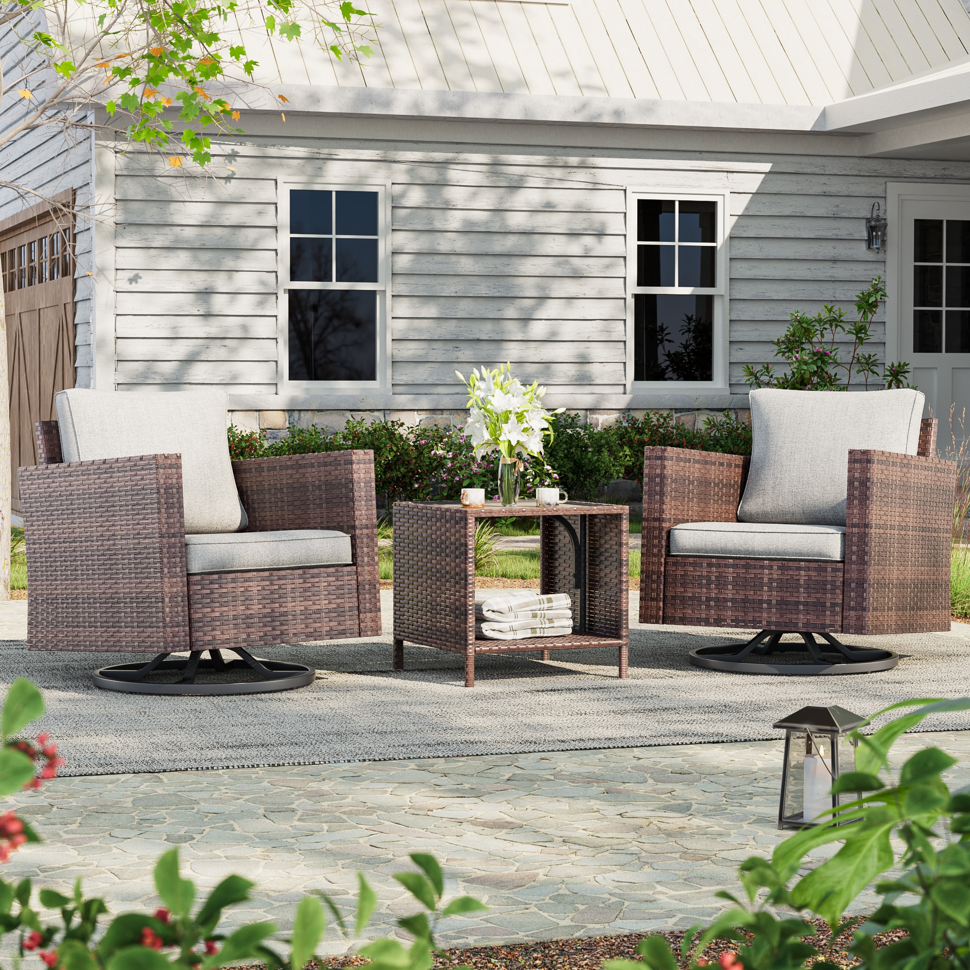 ACEGOSES LW-2R-BLY-T3 Patio Swivel Rocking Chairs 3 -Piece Wicker Patio Conversation Set with Gray Cushions