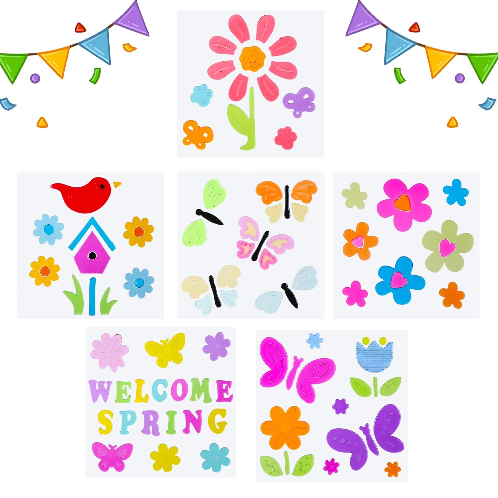 LAIFUCAM  6 Sheet Spring Window Gel Clings Flowers Butterflies Bees Birds Double Sided Jelly Stickers for Bedroom Home Office School Party Decor