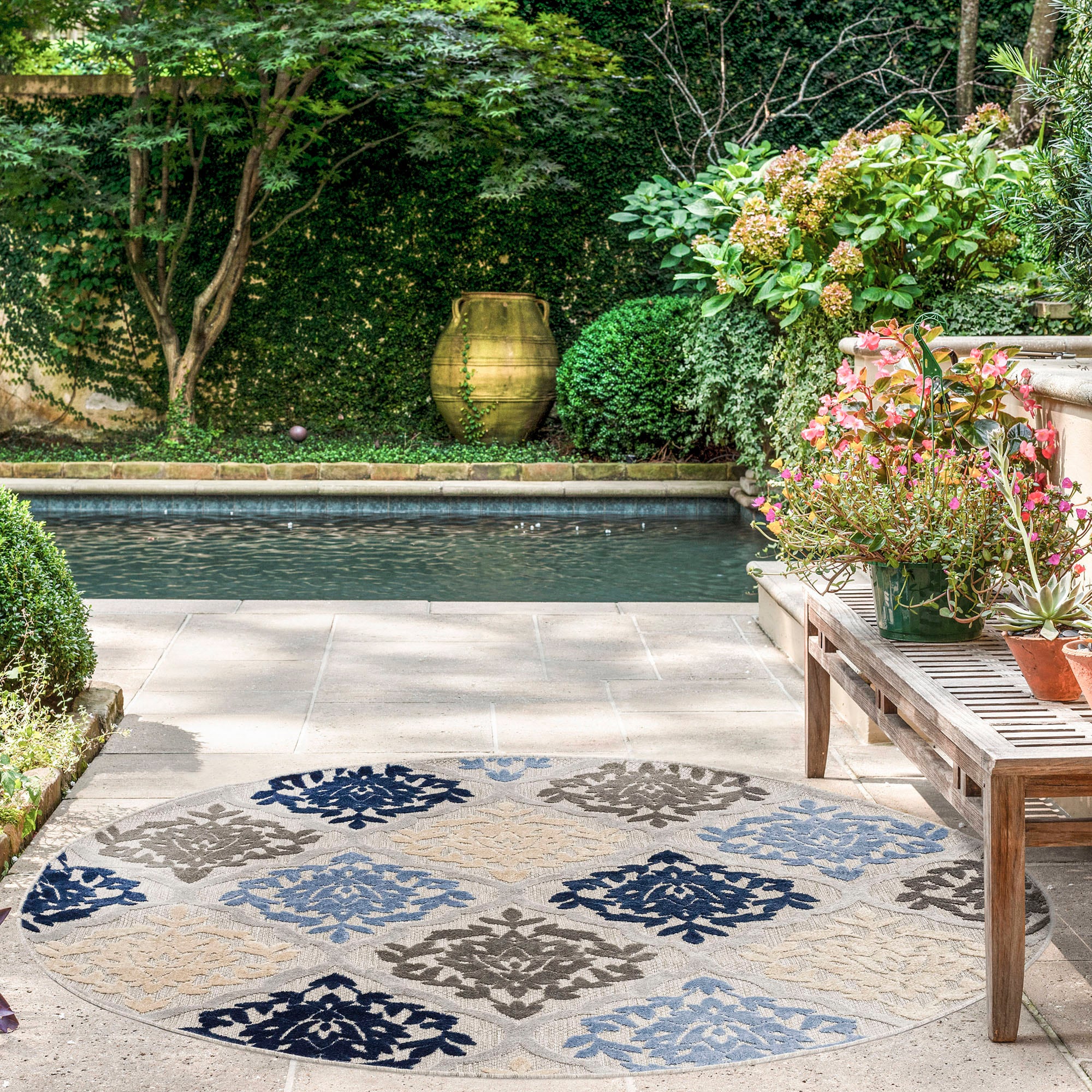 Tayse OAS1207 8RND Oasis 8 x 8 (ft) Flatweave Polypropylene Blue Round Indoor/Outdoor Area rug