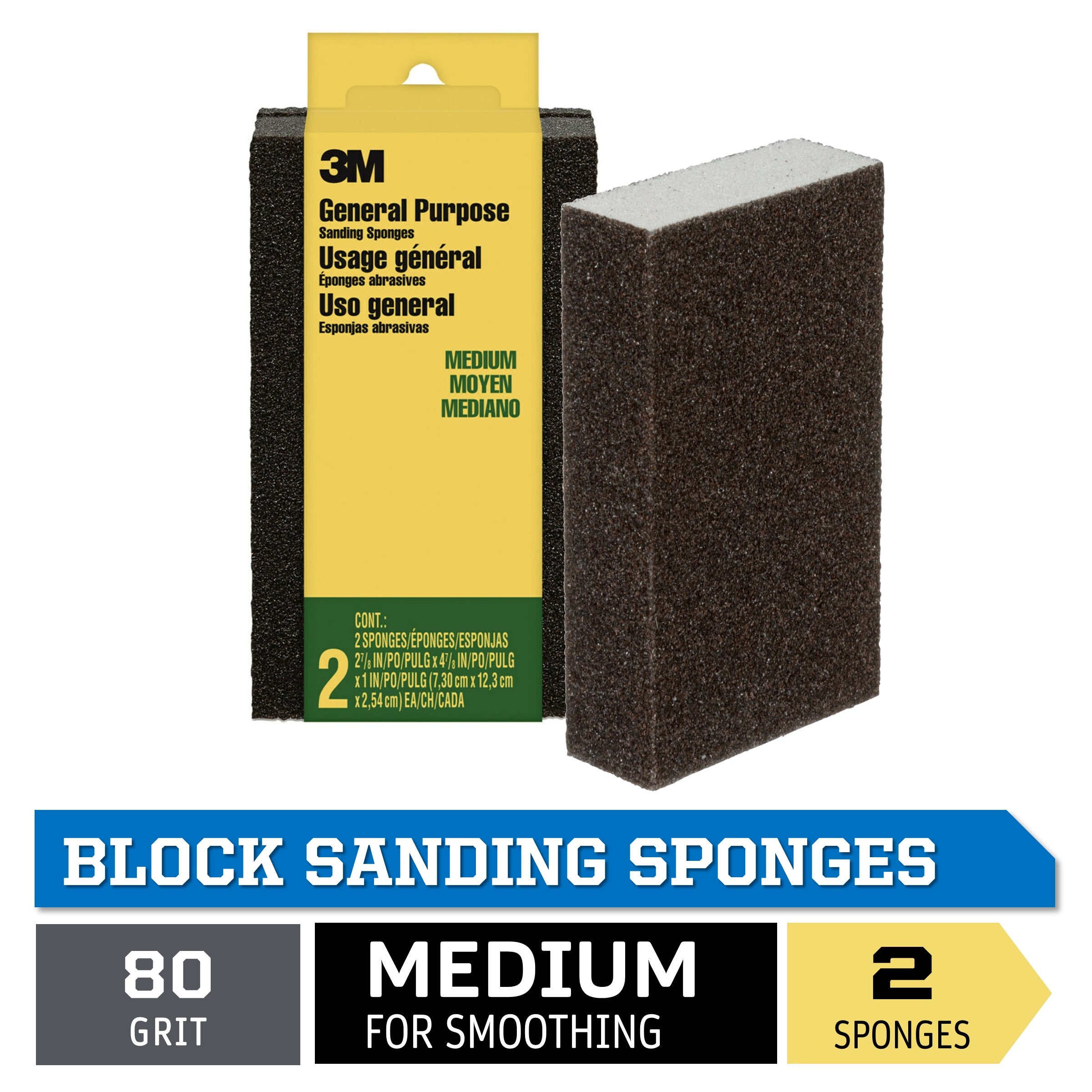3M Medium 80-Grit Sanding Sponge 2.87-in x 4.87-in (2-Pack)