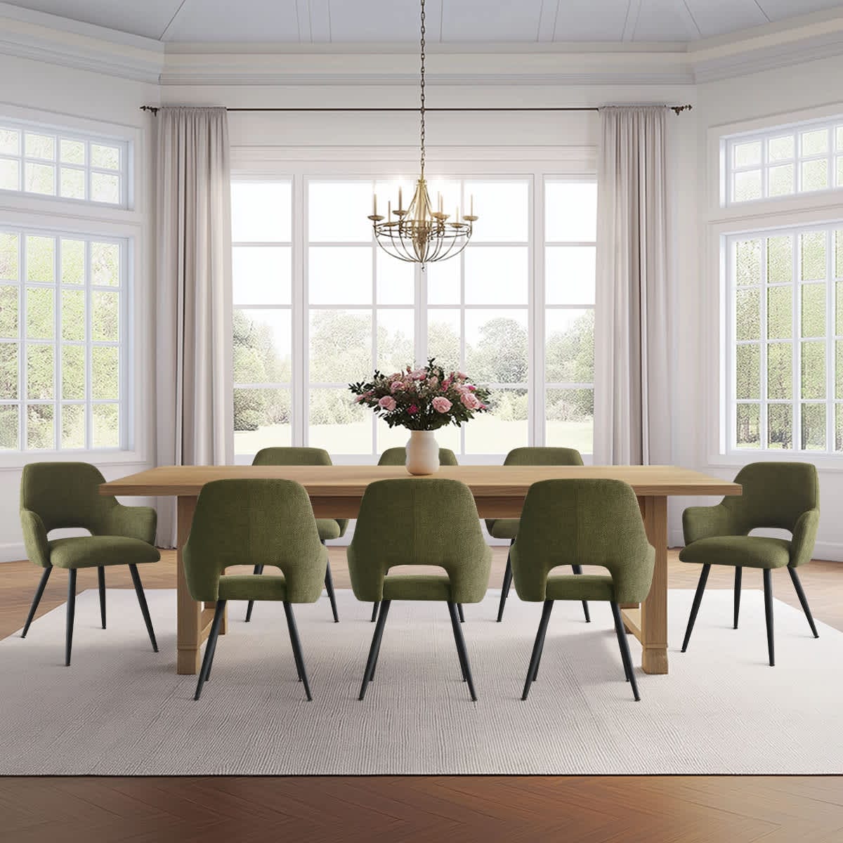 Maison Boucle EDWIN-ARMCHAIR-GR-8 Set of 8 Modern Green Upholstered Dining Chairs with Arms Open Back and Metal Legs for Kitchen