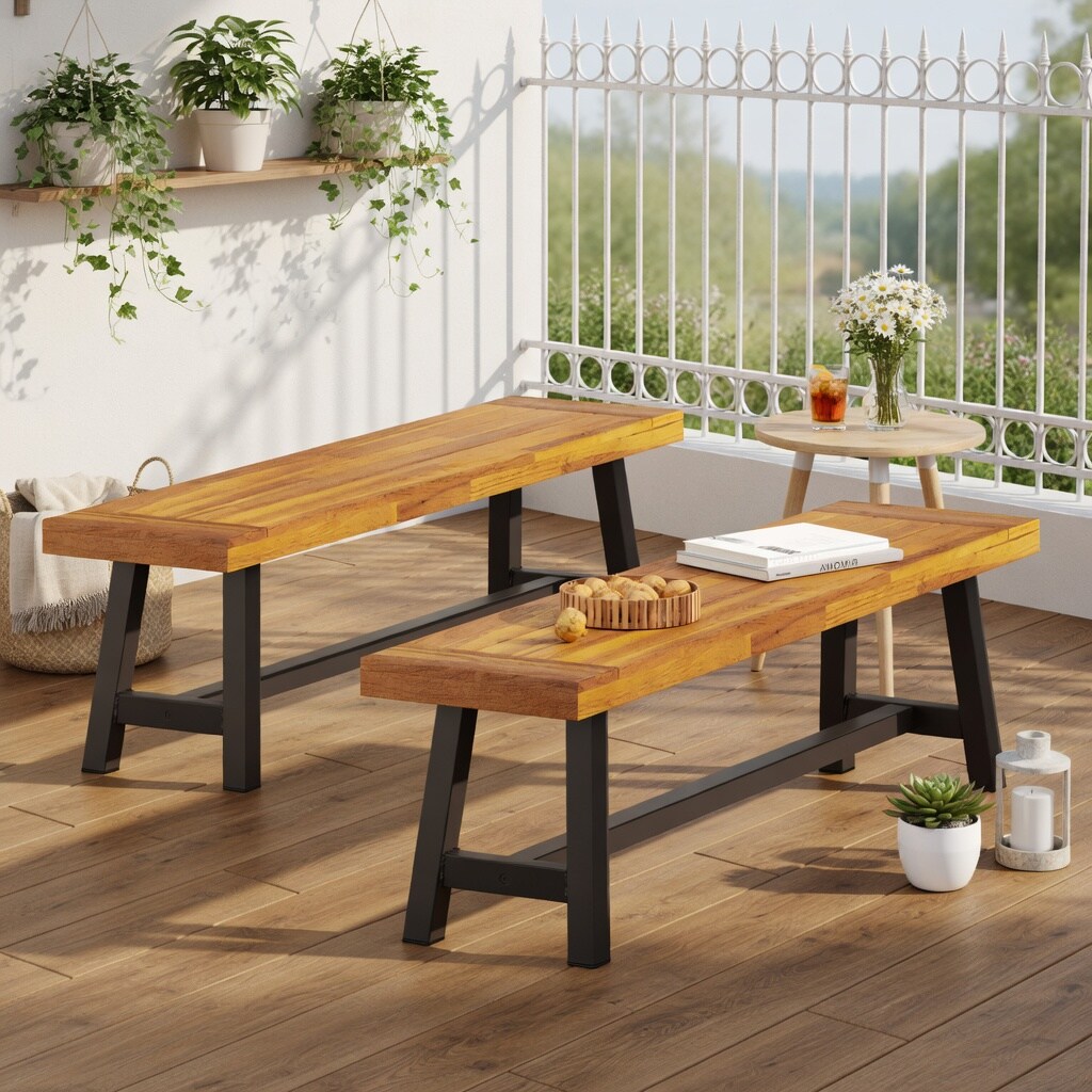 VERYKE Set of 2 Carlisle Outdoor Patio Dining Benches Sandblasted Brown ...