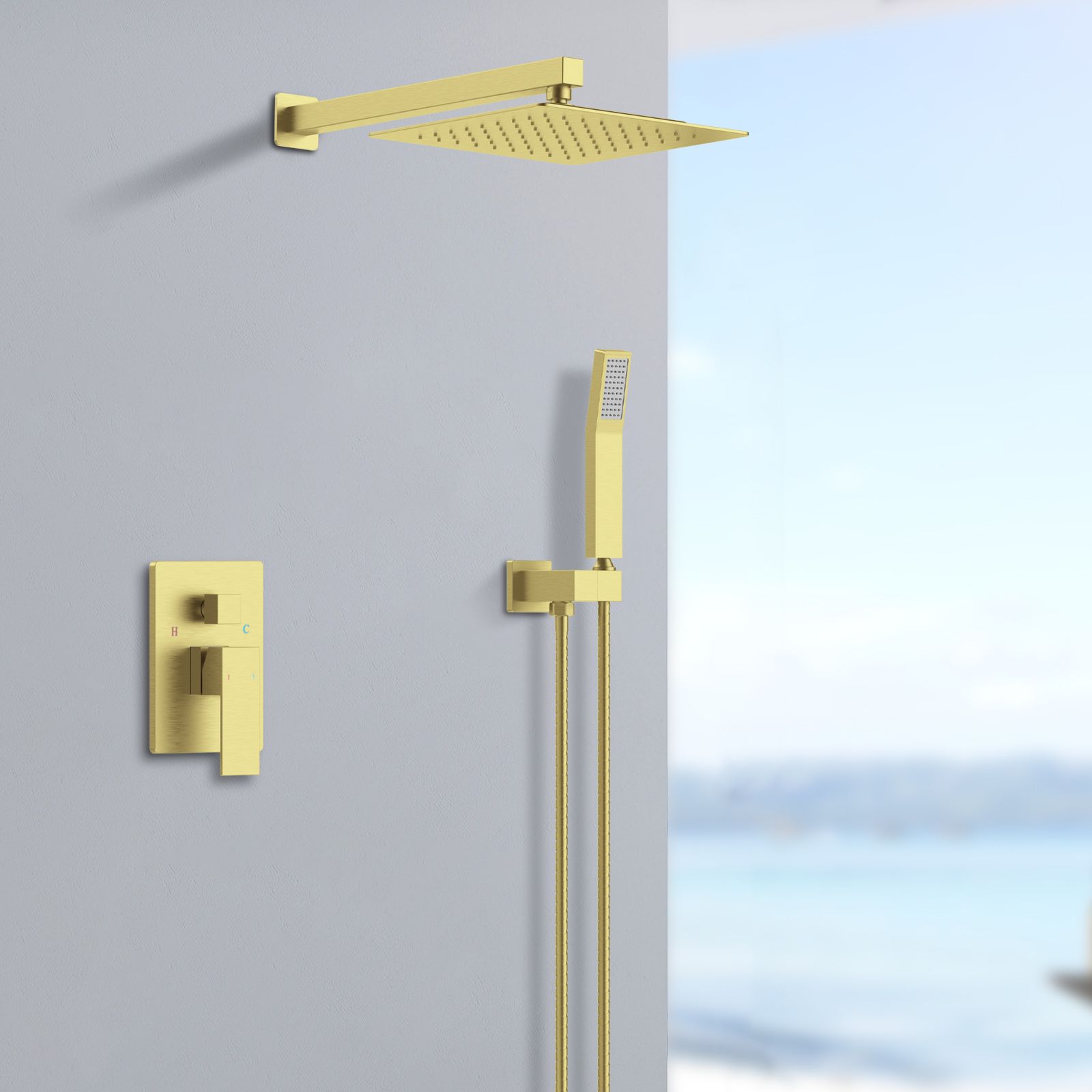 JUSHUA Shower System Shower Faucet Combo Set Wall Mounted with 12 Inches Rainfall Shower Head and handheld shower faucet Brushed Gold Finish with Brass Valve Rough In