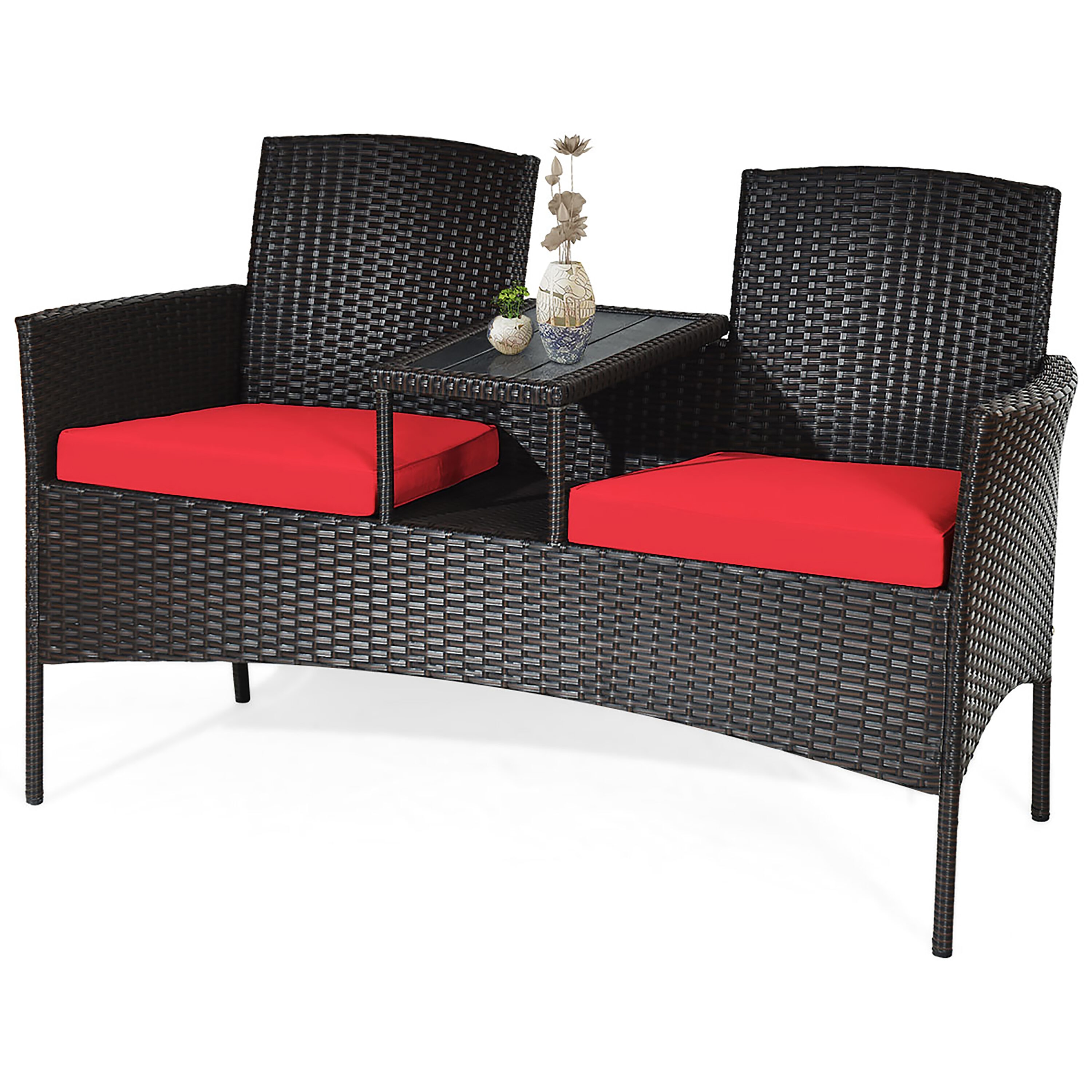Costway HW63233RE Rattan Patio Sofa Conversation Set with Red Cushions