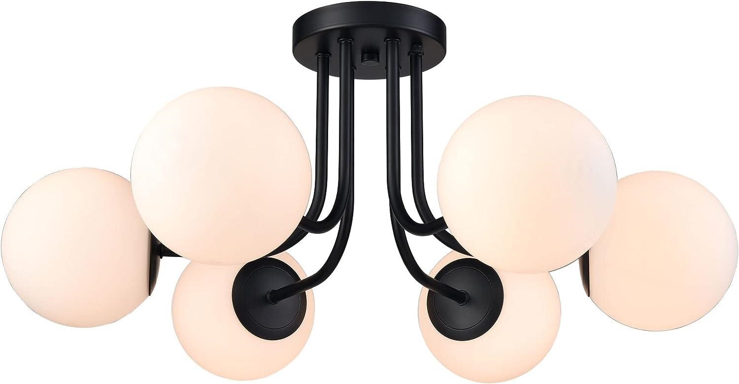 Claxy SH-B7218-6CU-BK Opal 1 -Light 27.56-in Polished Black Semi Flush Mount Light