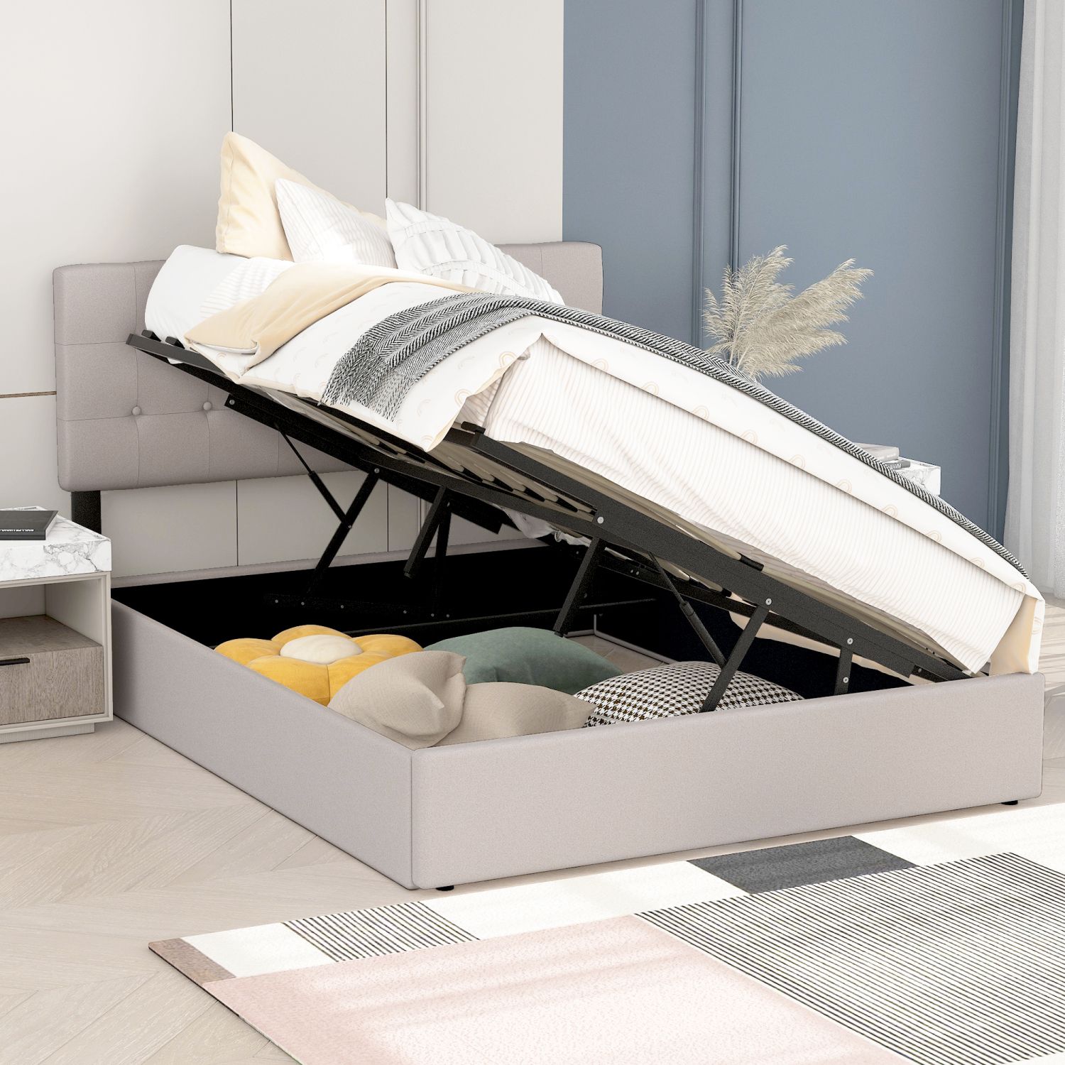 JASMODER GX001904AAA Beige Queen Composite Platform Bed with Storage