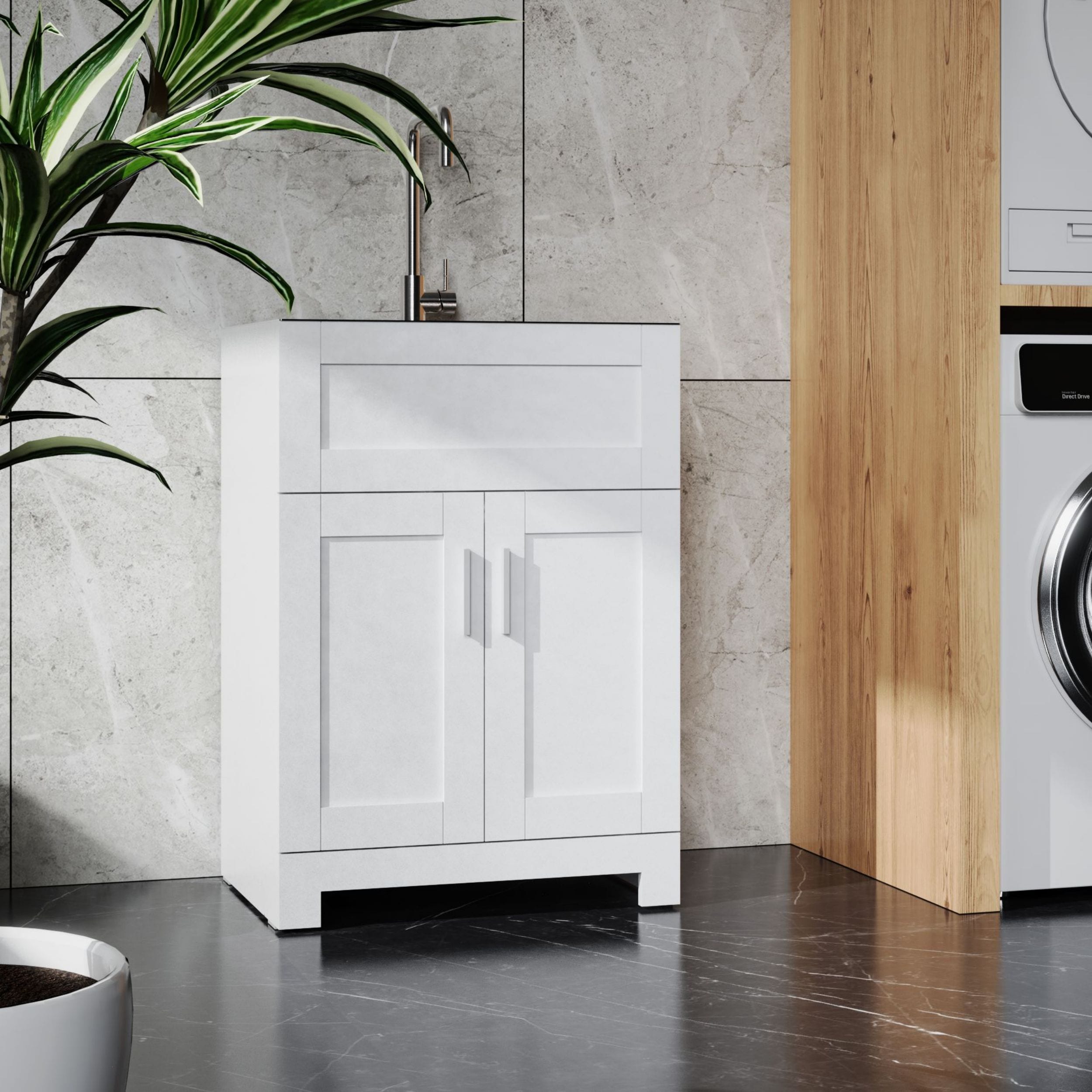 WELLFOR GIZBSO03MR VZ 24-in White Single Sink Bathroom Vanity with Stainless Steel Solid Surface Top (Faucet Included)