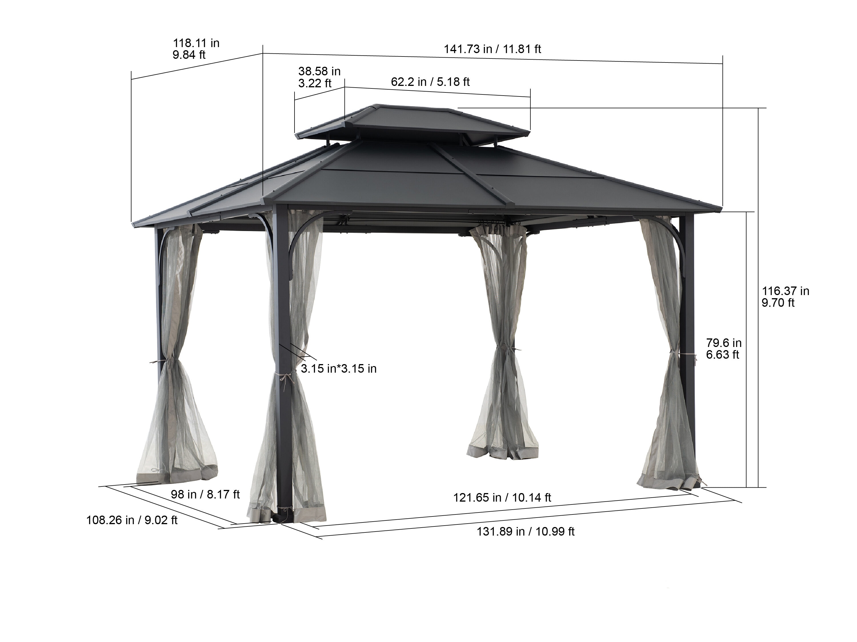 Sunjoy 11.8-ft x 9.8-ft Rectangle Black and Grey Metal Steel Roof Semi ...