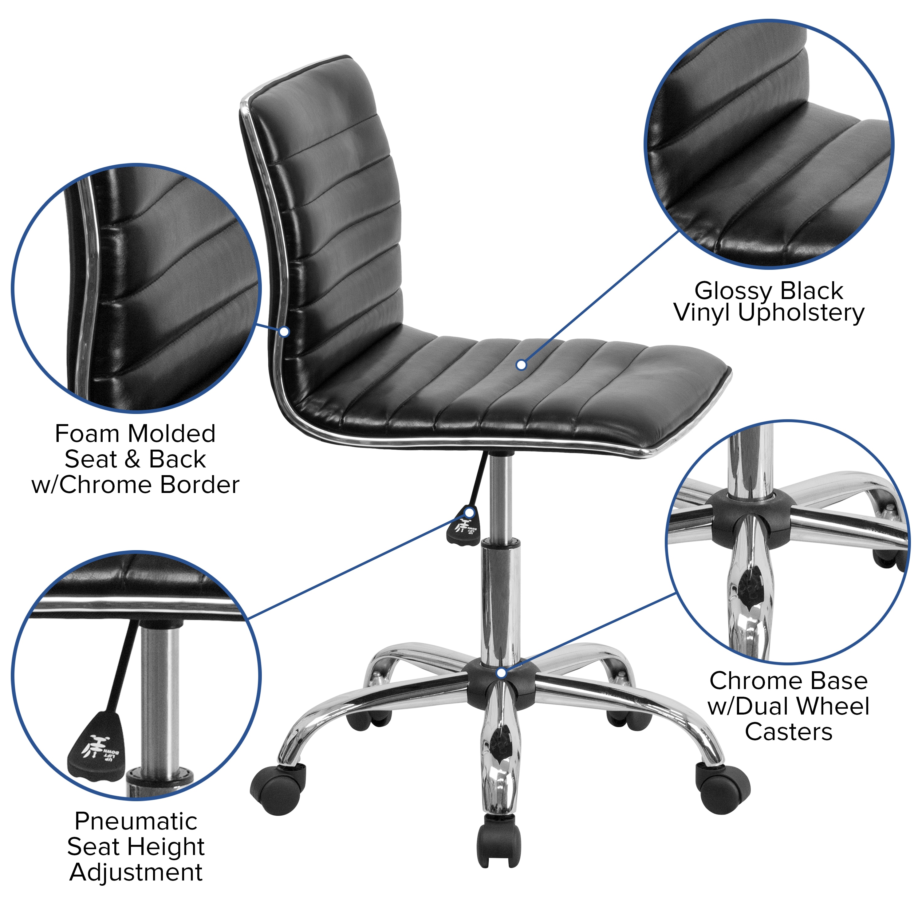 Alan Low Back Armless Black Vinyl Swivel Task Chair with Chrome Base