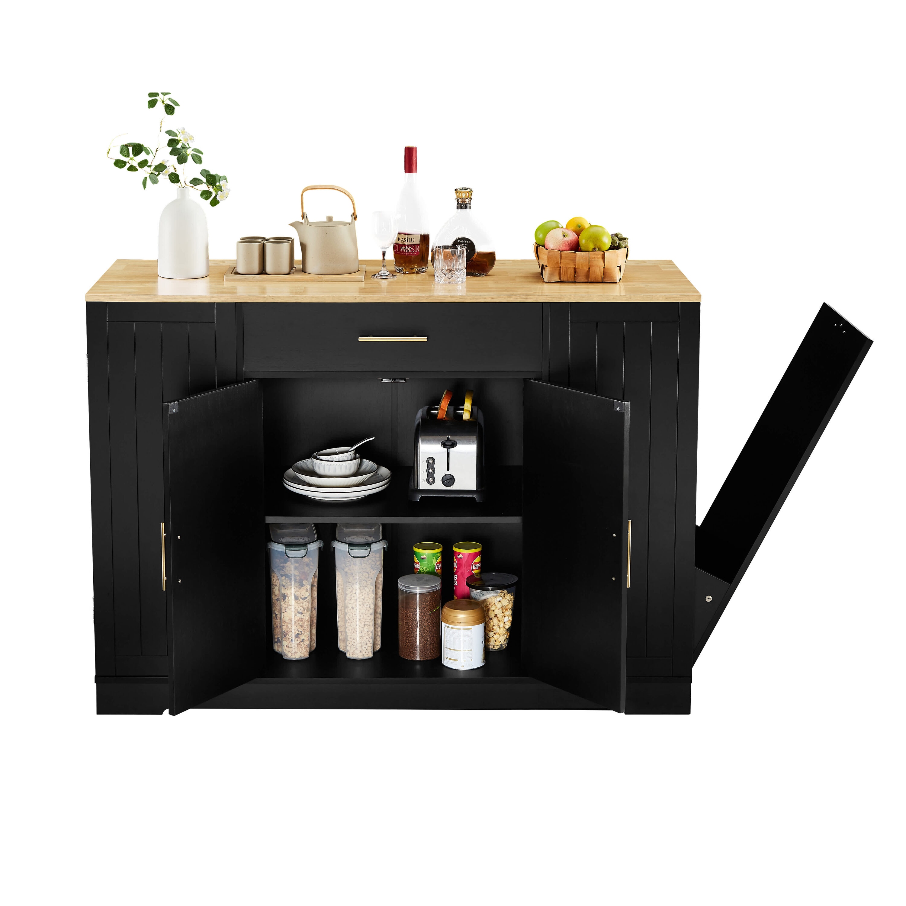 Vynxaria  53in Kitchen Storage Island   Tilt Out Trash Cabinet  Fits 13 Gallon Can   Drawers  Barn Door Spice Rack Black