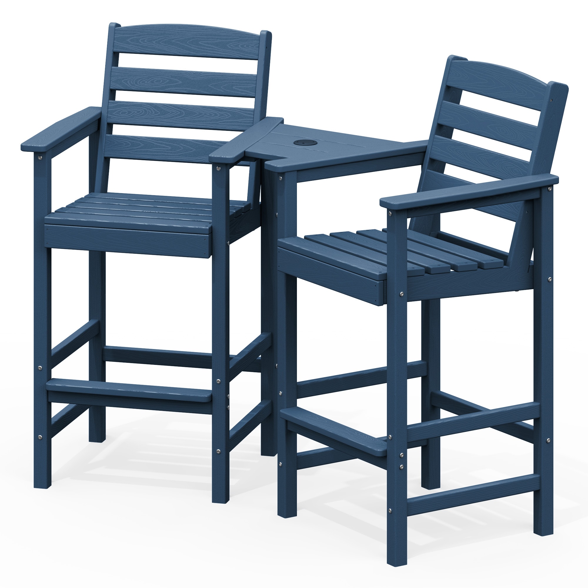 VOUA JYLTGBY-NY HDPE Patio Adirondack Chairs Set of 2 with Connecting Tray Set of 2 Navy HDPE Frame Stationary Adirondack Chair with Slat Seat