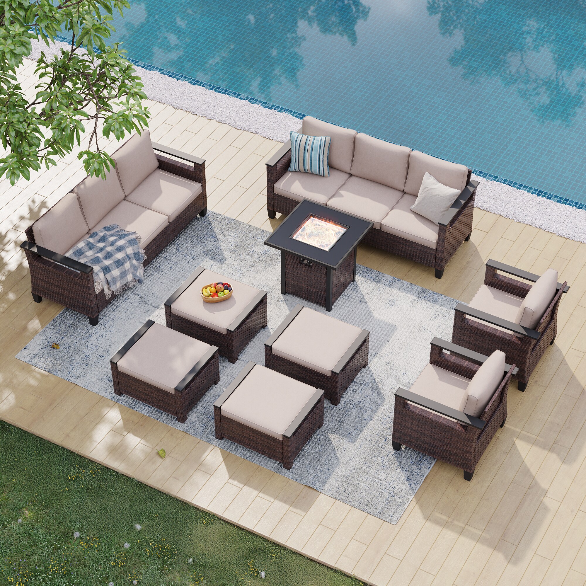 Sonkuki SD-PS-126BSD-S1T4 Patio Conversation Set 9 -Piece Wicker 2 Patio Sofa Conversation Set with Beige Cushions