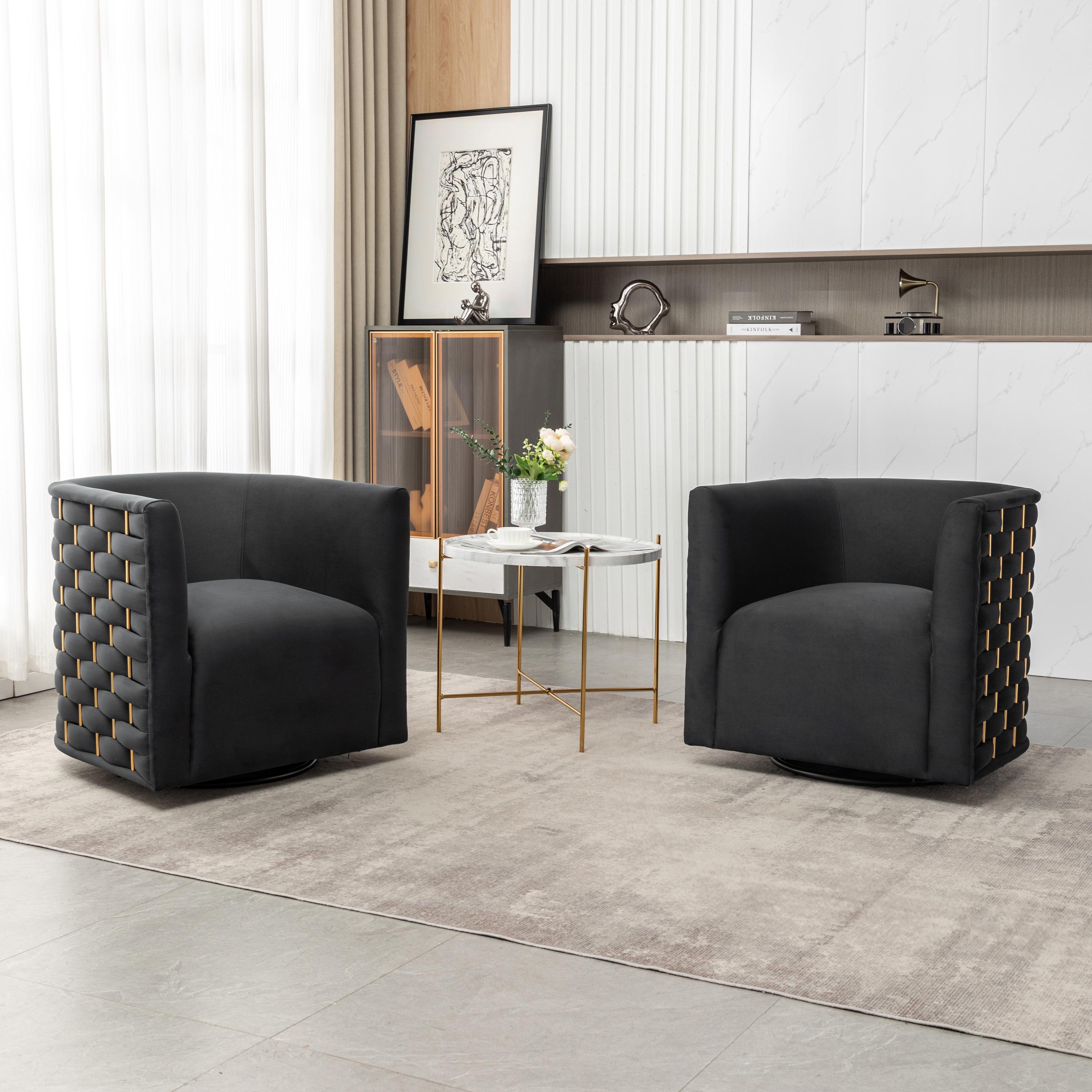 SEYNAR XY721-BLACK-S2 Modern Glam Velvet Upholstered 360 Degree Swivel Barrel Chair Set of 2