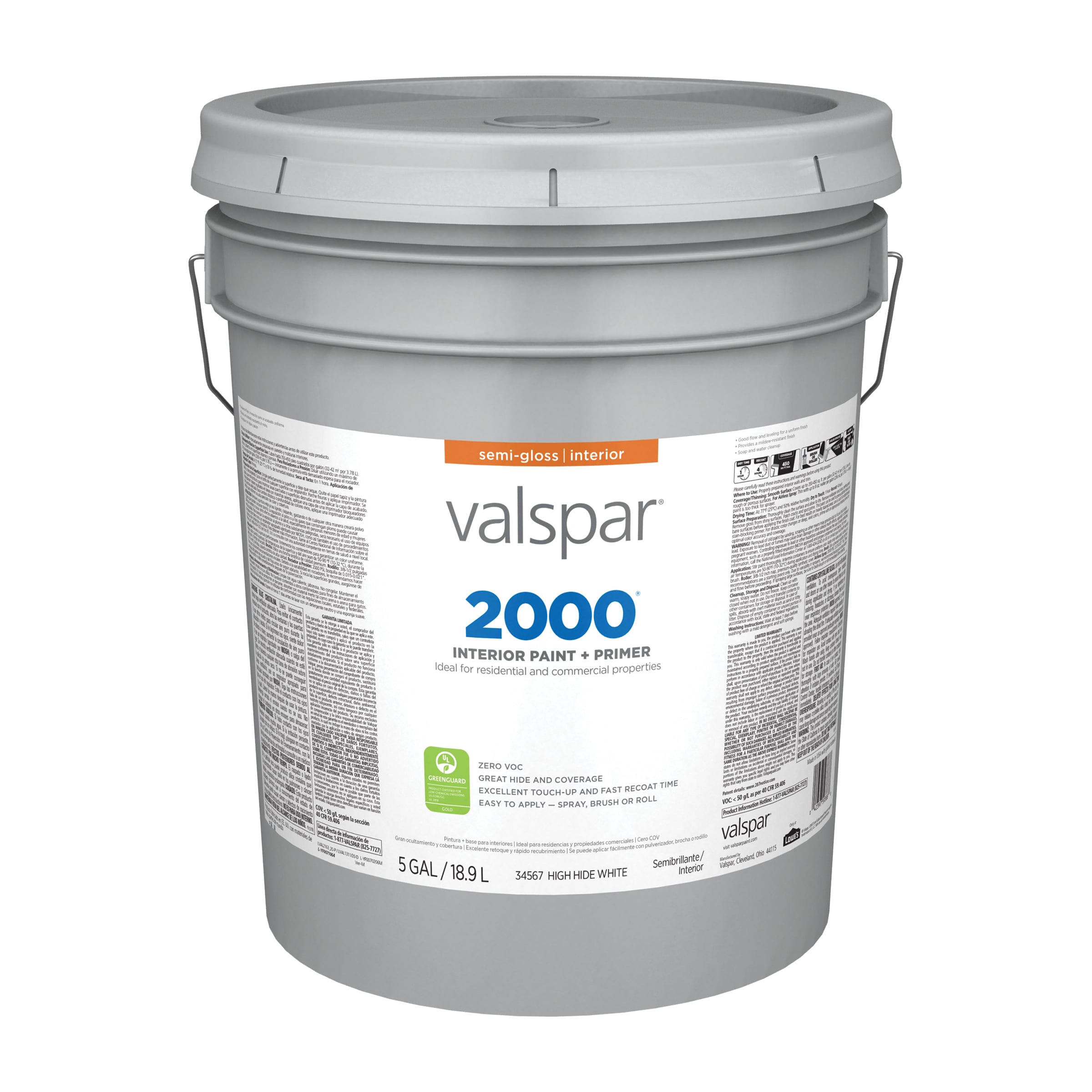 Valspar 007.0034567.008 2000 Semi-gloss High Hide White Latex Interior Paint Paint + Primer ( 5-gallon )