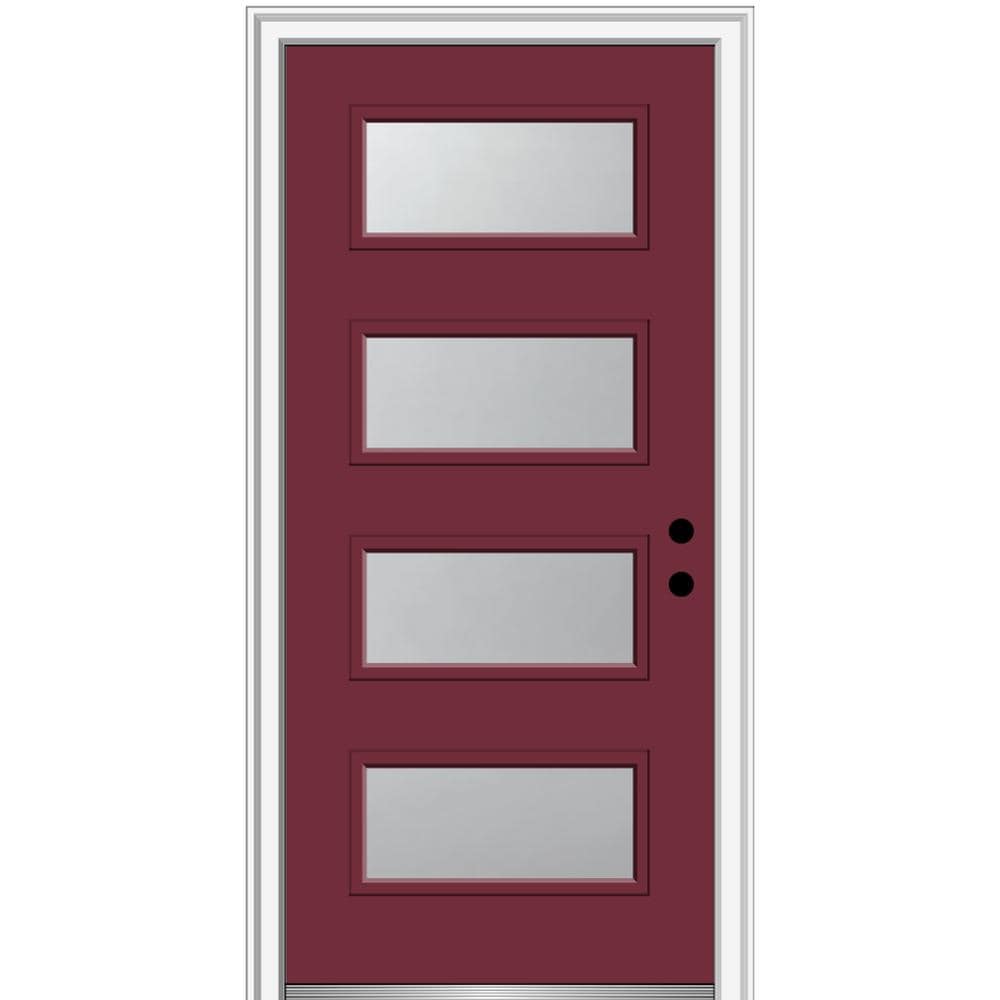 MMI DOOR ZZ346978L Spotlights 36-in x 80-in x 4-9/16-in Fiberglass Pulse lite Left-hand inswing Burgundy Painted Prehung Front Door with Brickmould Insulating core