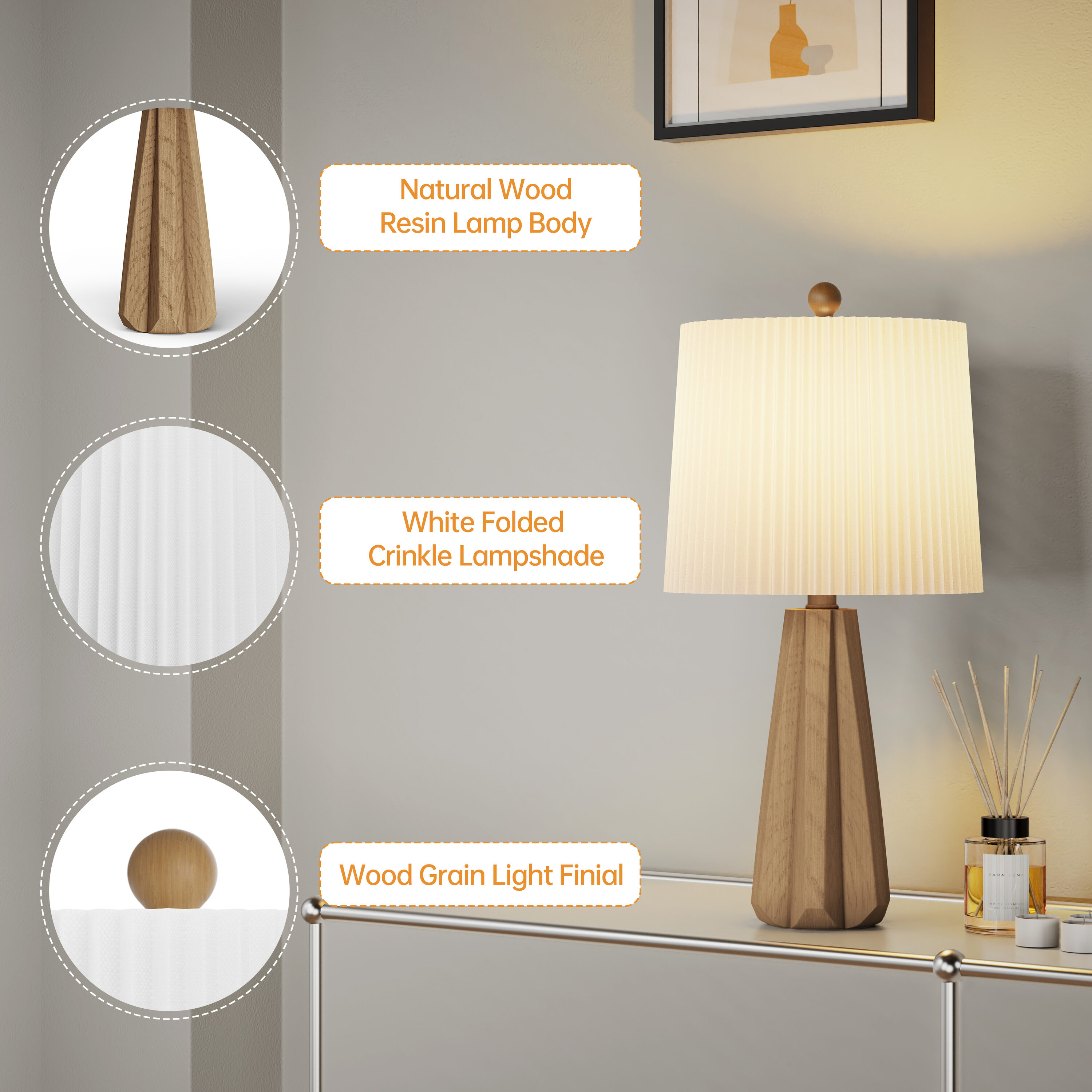 Deluxe 24" Light Brown Resin Table Lamp with White Pleated Linen Shade