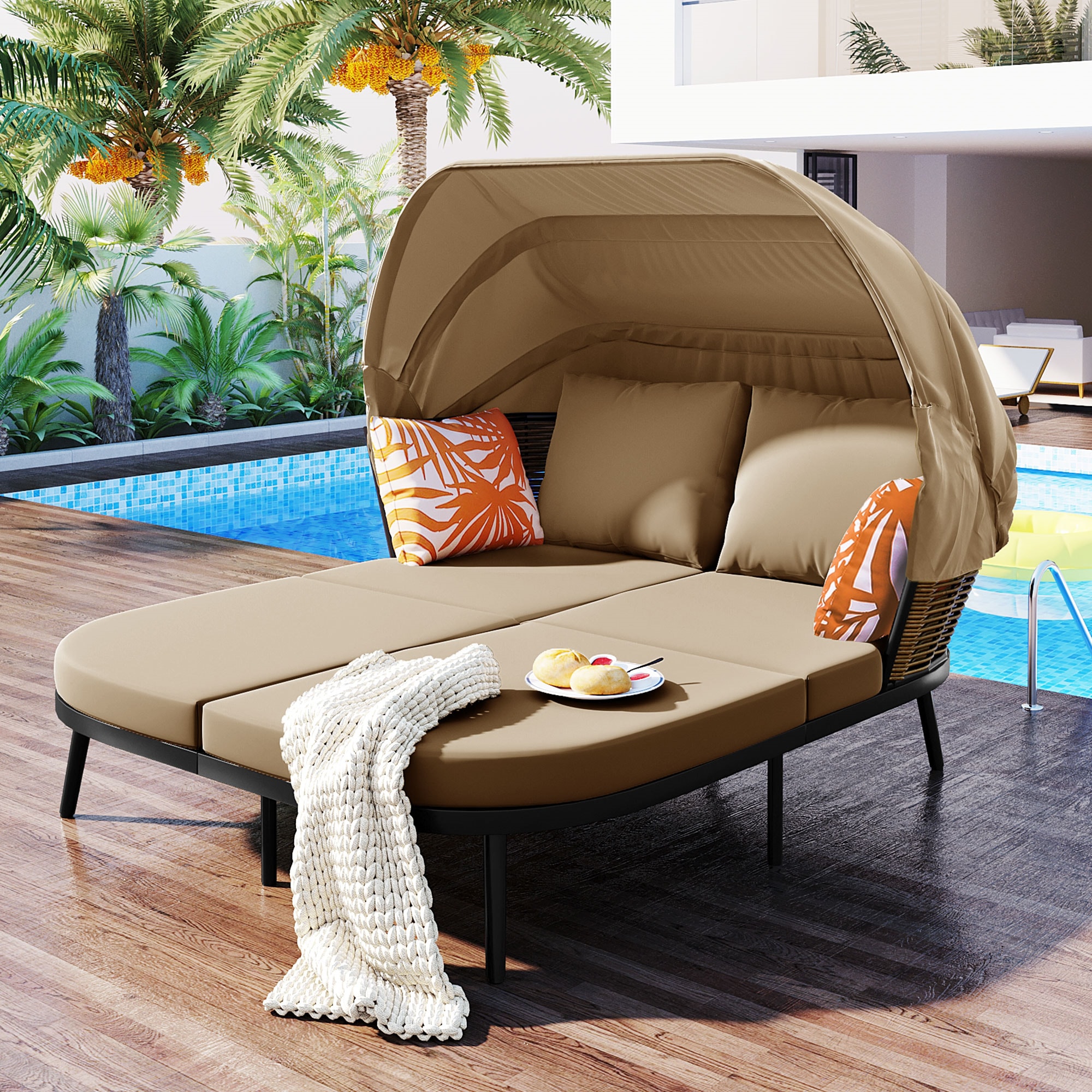 BABOOM BOM-0025AAA-OR Patio Daybed with Retractable Canopy Rattan Outdoor Daybed with Brown Cushions and Iron Frame