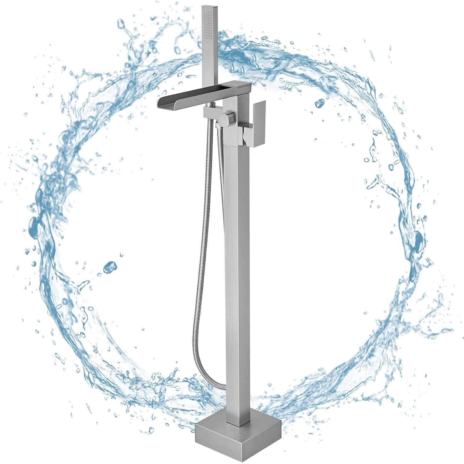 Brushed Nickel Freestanding Waterfall Tub Faucet with Hand Shower