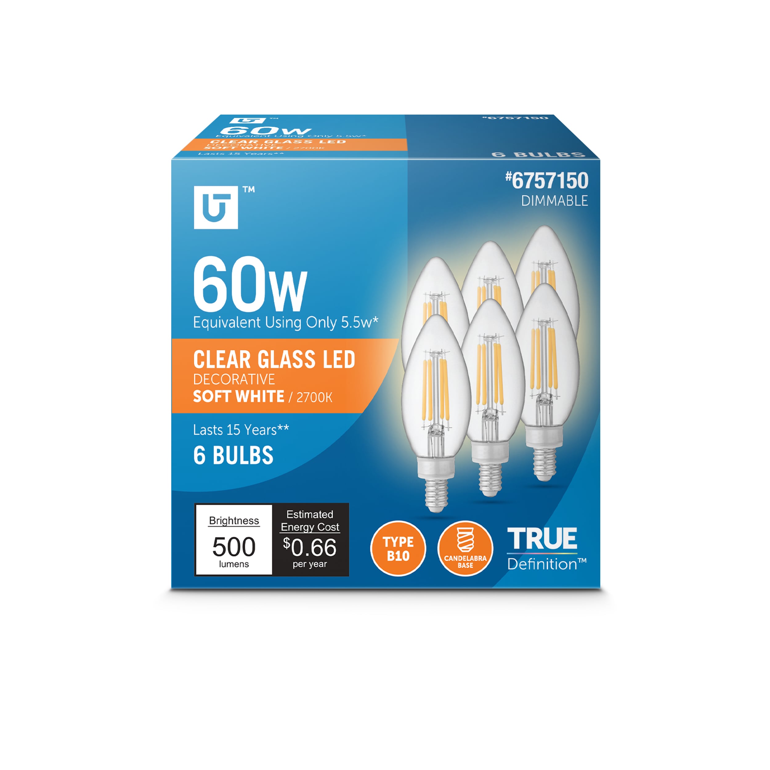 Utilitech LCTC60927CAFIL6 60 -Watt EQ B10 Soft white Screw bases Dimmable LED Decorative Light Bulb 6 -Pack