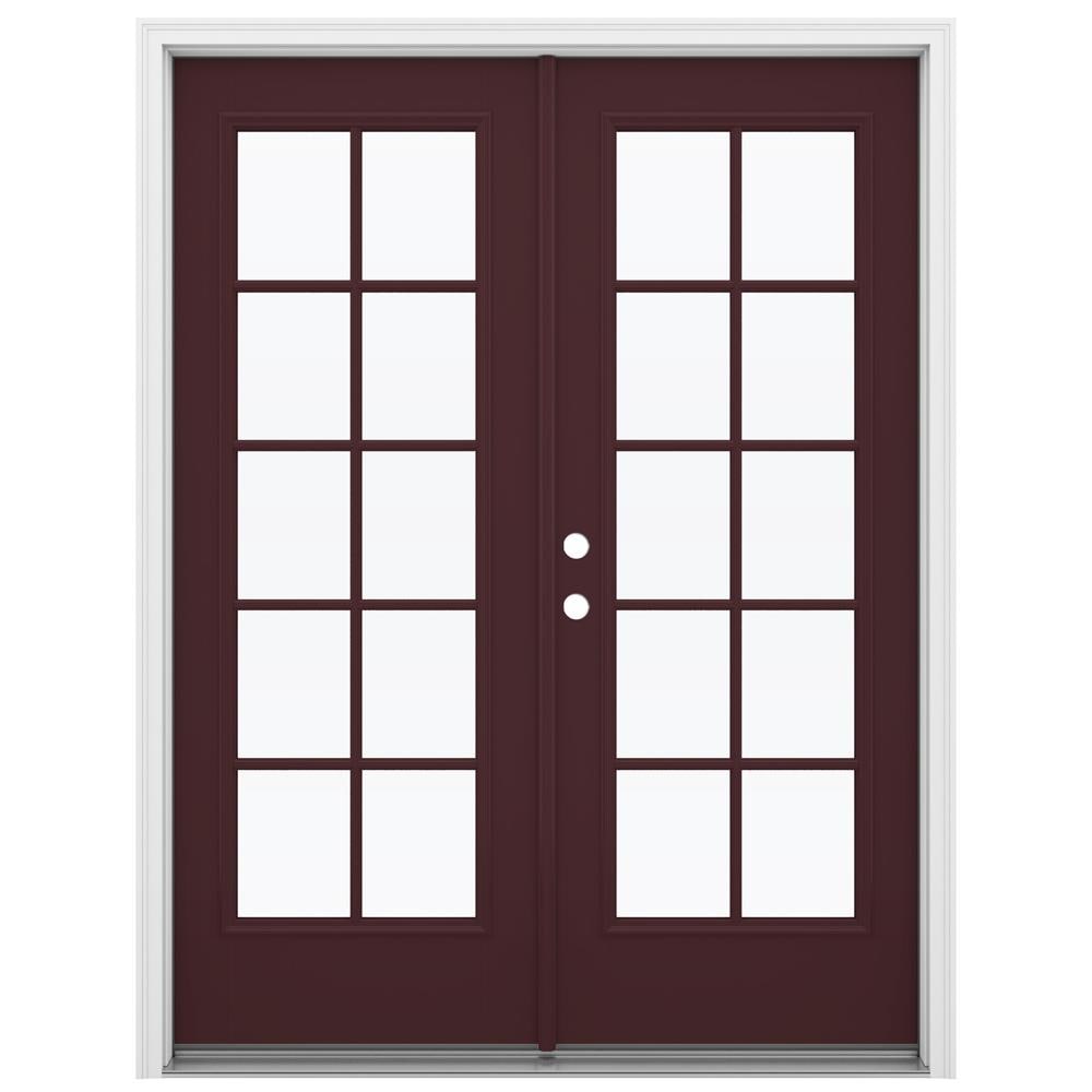 JELD-WEN 60-in x 80-in Low-e Simulated Divided Light Currant Fiberglass French Right-Hand Inswing Double Patio Door Brickmould Included in Red -  LOWOLJW182300040