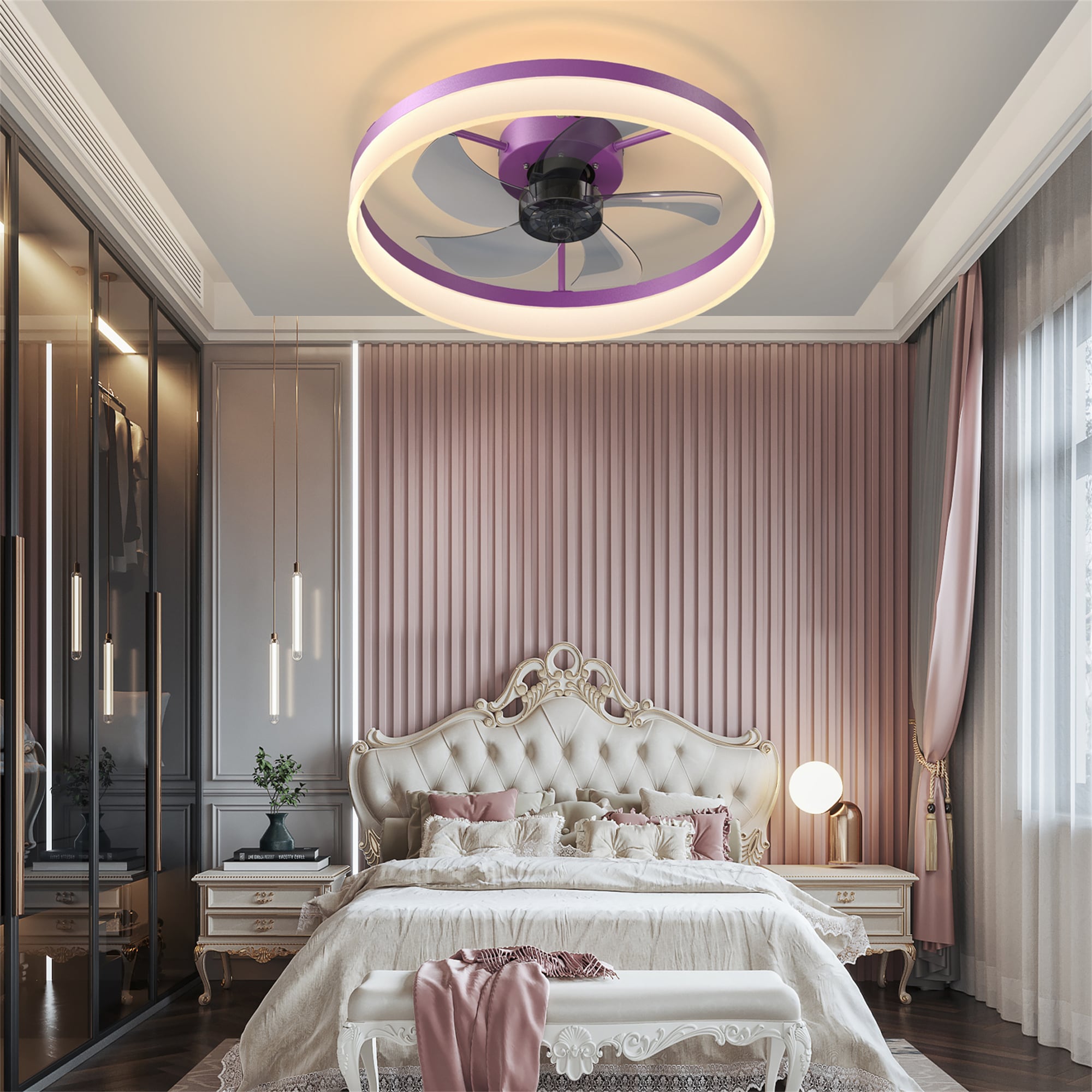 BABOOM BOM-0120485-OR 19.7-in Color-Changing Flush Mount Purple with Gray Blades Fandelier Ceiling Fan With Light - Remote Included ( 5 -Blade )