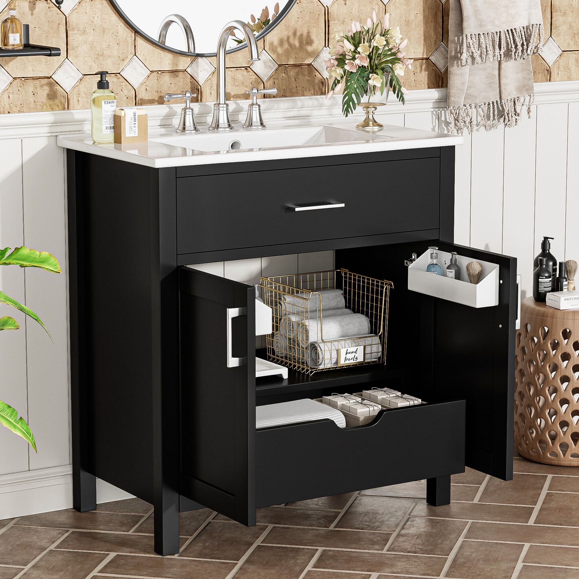 LOVMOR SF-M-WF530809AAB 30Inch Bathroom Vanity with Ceramic Sink and Ample Storage The Perfect Choice for Small Bathrooms