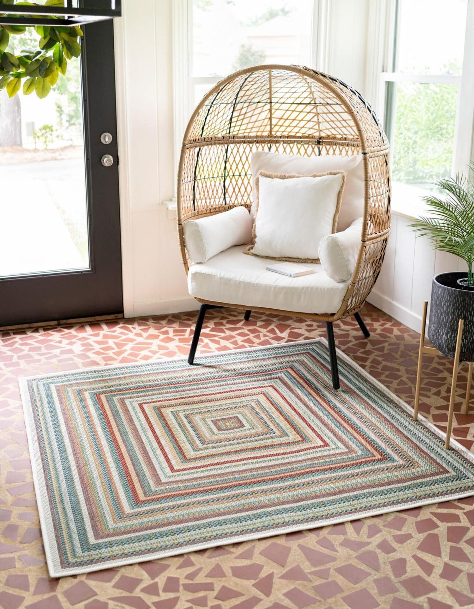 Unique Loom 3176973 Ensenada Baja Outdoor 5 x 5 (ft) Loomed Polypropylene Multi Square Indoor/Outdoor Stripe Coastal Area rug