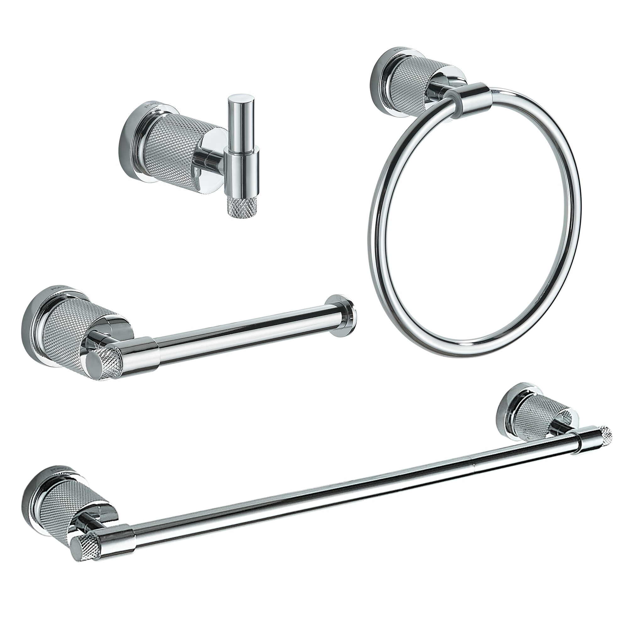 FORIOUS LL19011CH4A 4 -Piece Chrome Decorative Bathroom Hardware Set Towel Bar, Toilet Paper Holder, Towel Ring ,Robe Hook Included