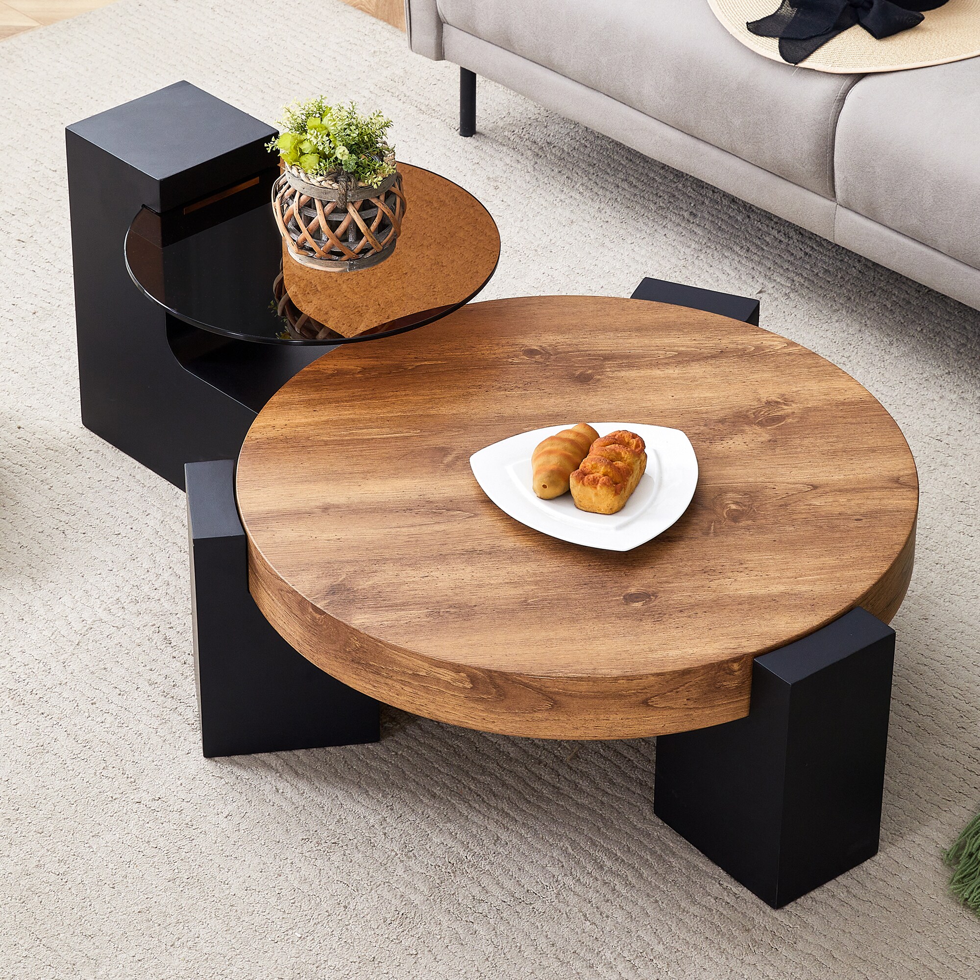 LUXEYARD Modern Simple Double-Layer Round Coffee Table Transparent ...