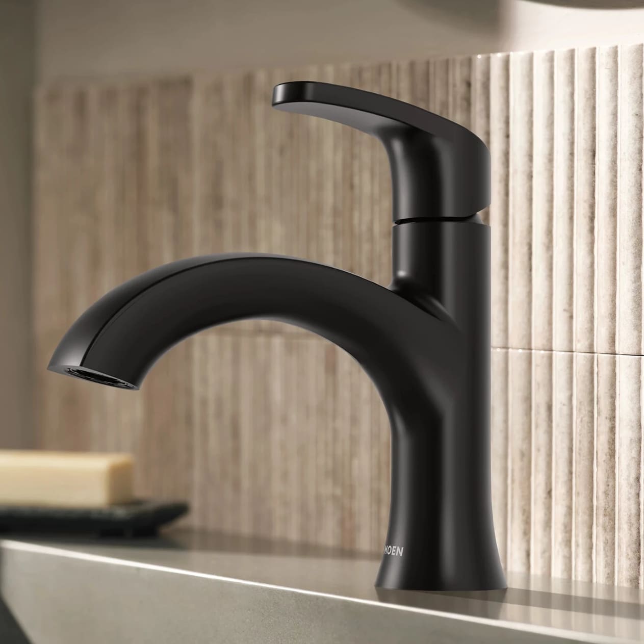 Moen Karis Matte Black Single hole 1-handle WaterSense Low-arc Bathroom Sink Faucet with Drain with Deck Plate