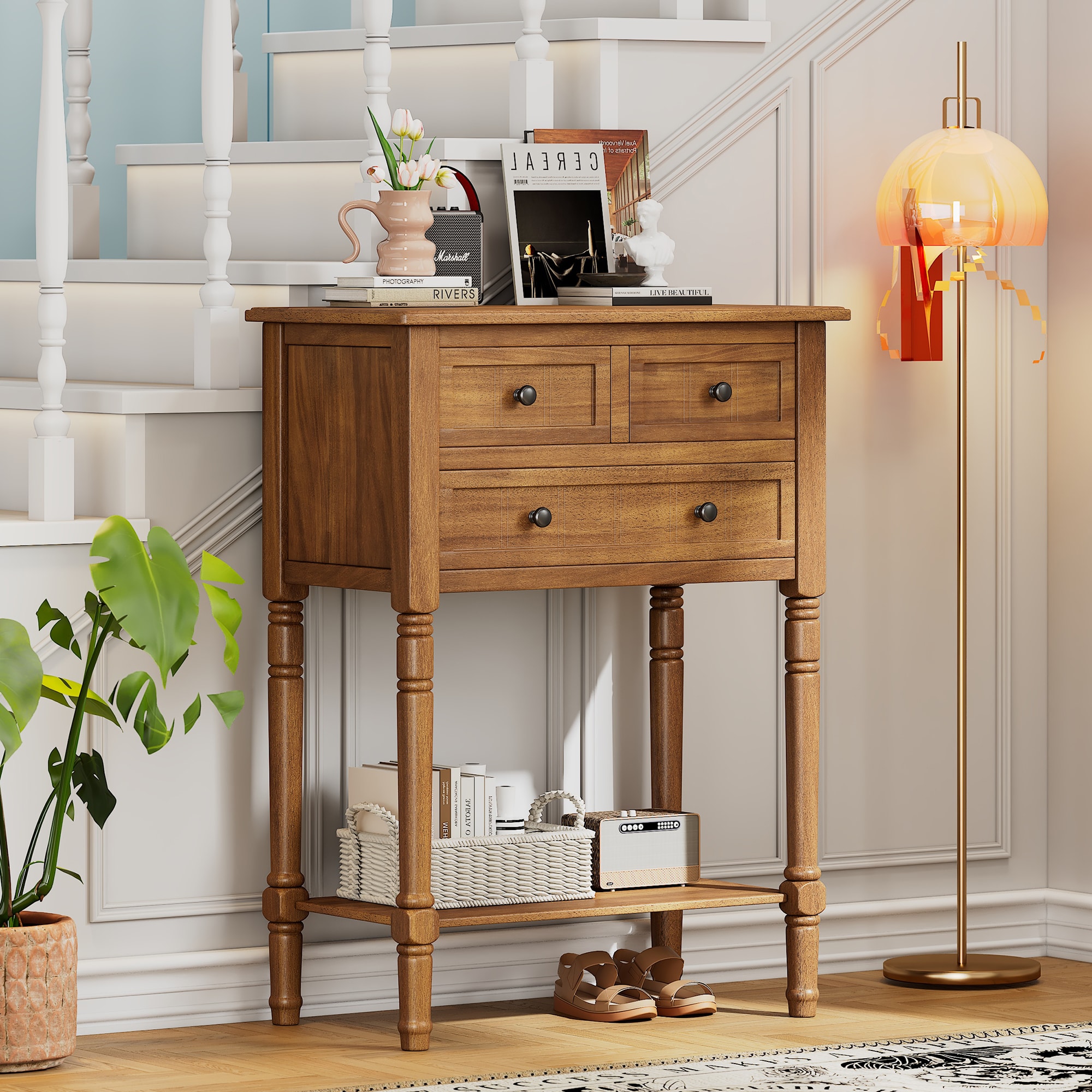 ModernLuxe N715P180478N Narrow Console Table Slim Sofa Table with Three Storage Drawers and Bottom Shelf Natural