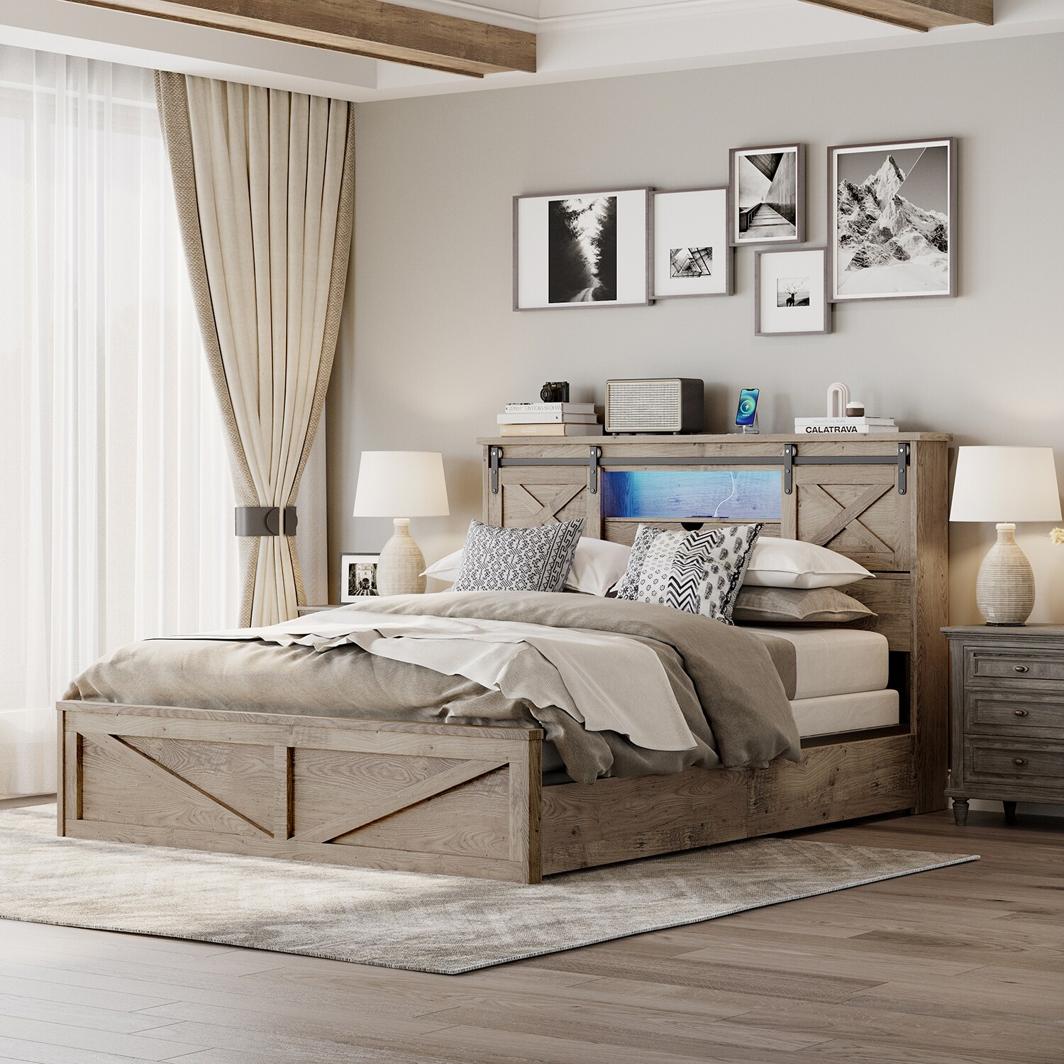 GZMR GZ-JH7239T Queen Size Bed with LED Lights and Charging Station Grey Queen Composite Bed frame Bed with Storage