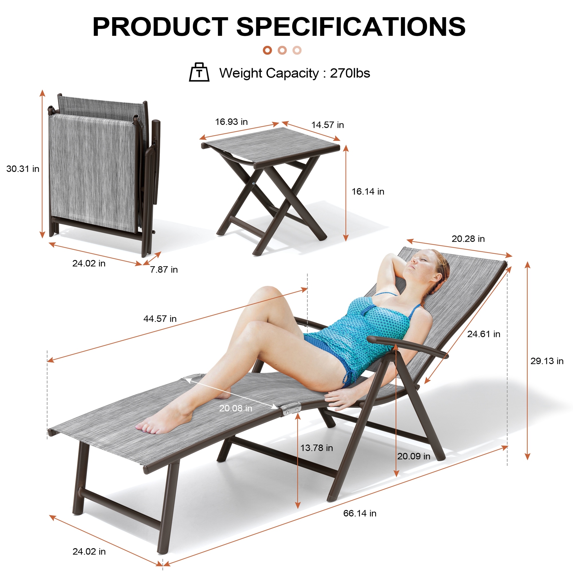 2-Person Black and Gray Aluminum Adjustable Chaise Lounge Set with Table