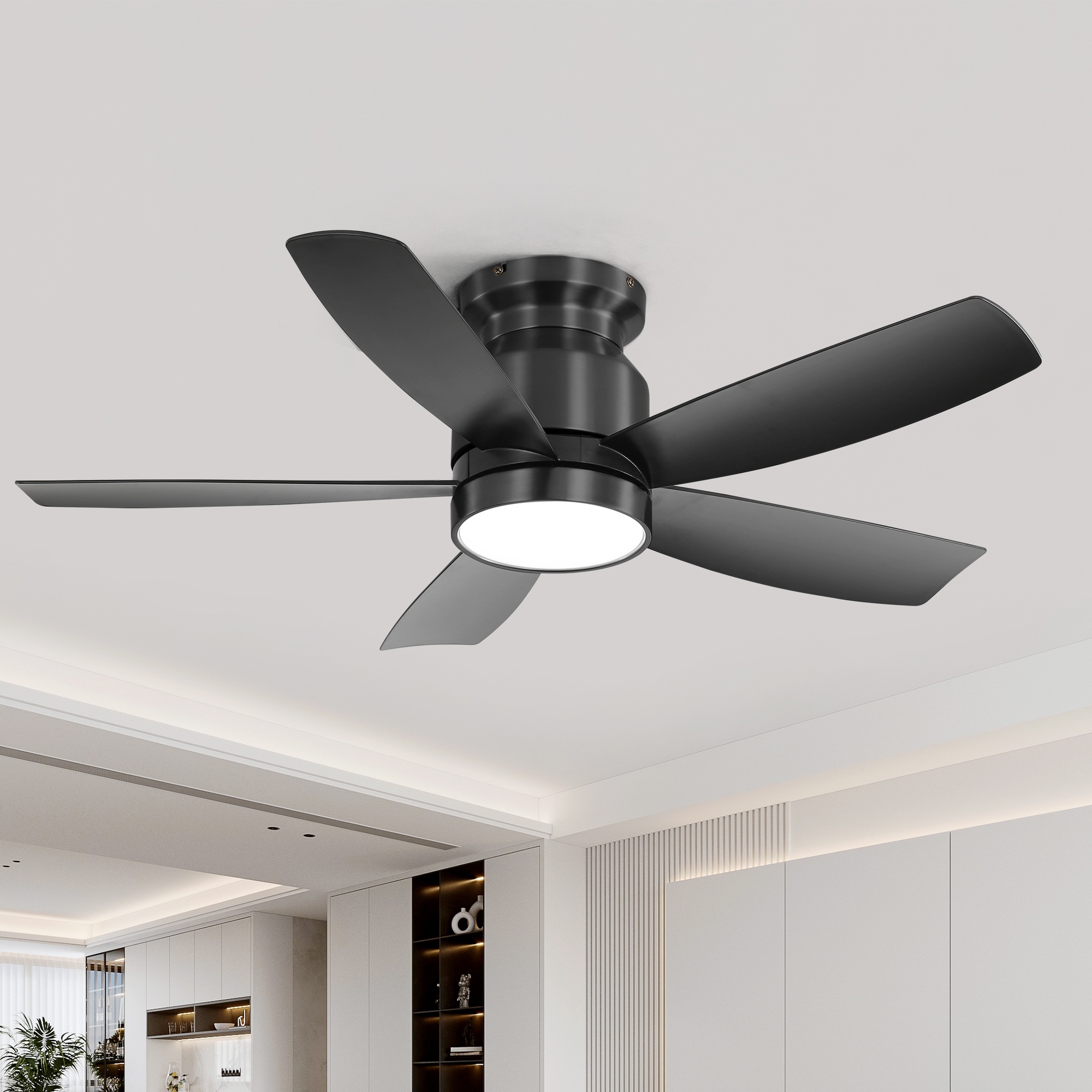 BABOOM BOM-P293991-OR Flush Mount Ceiling Fans 42-in Integrated LED Flush Mount Black with ABS Blades Ceiling Fan With Light - Remote Included ( 5 -Blade )