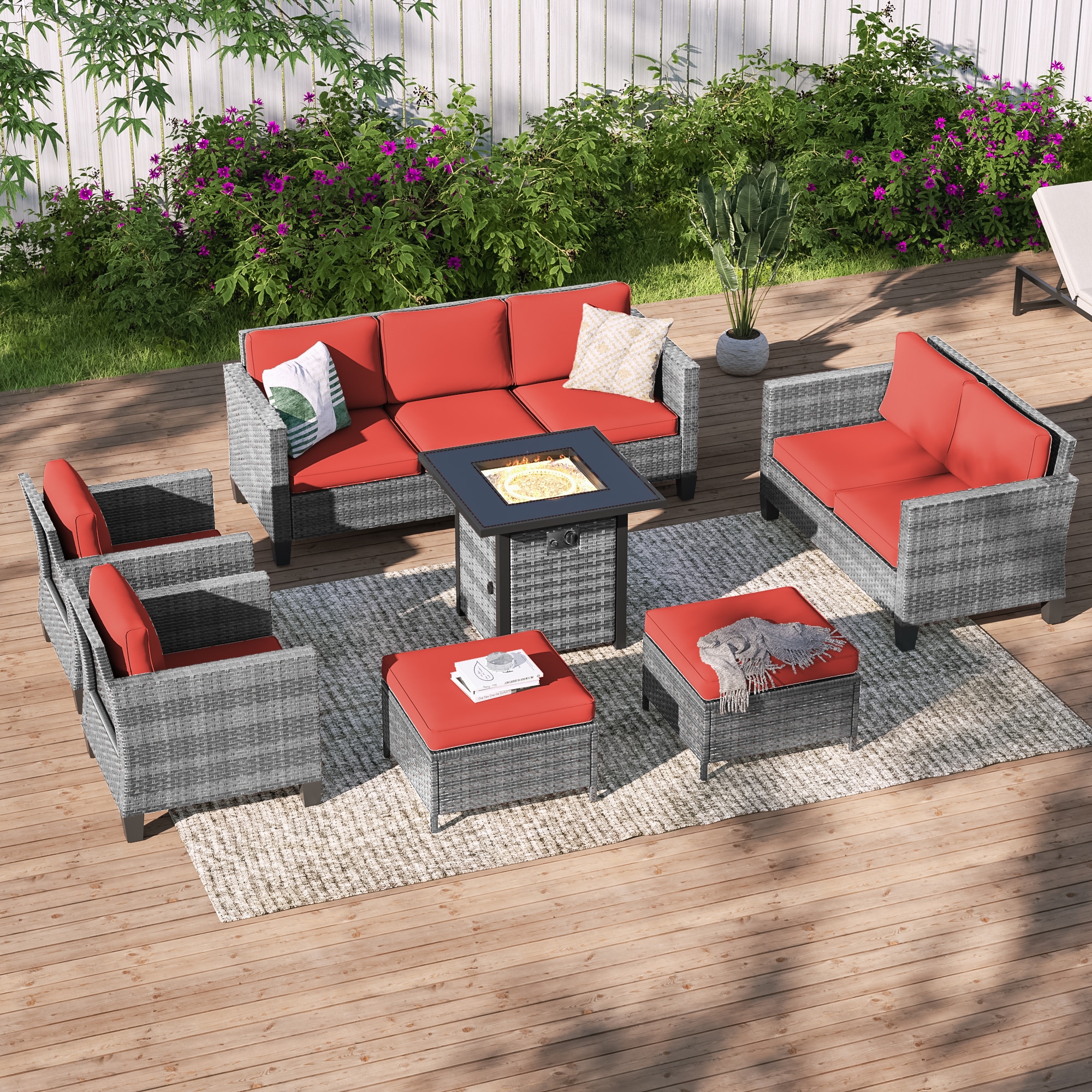 ACEGOSES LW-115HOG-S3T4 Skytop 7 -Piece Wicker Patio Sofa Conversation Set with Red Cushions