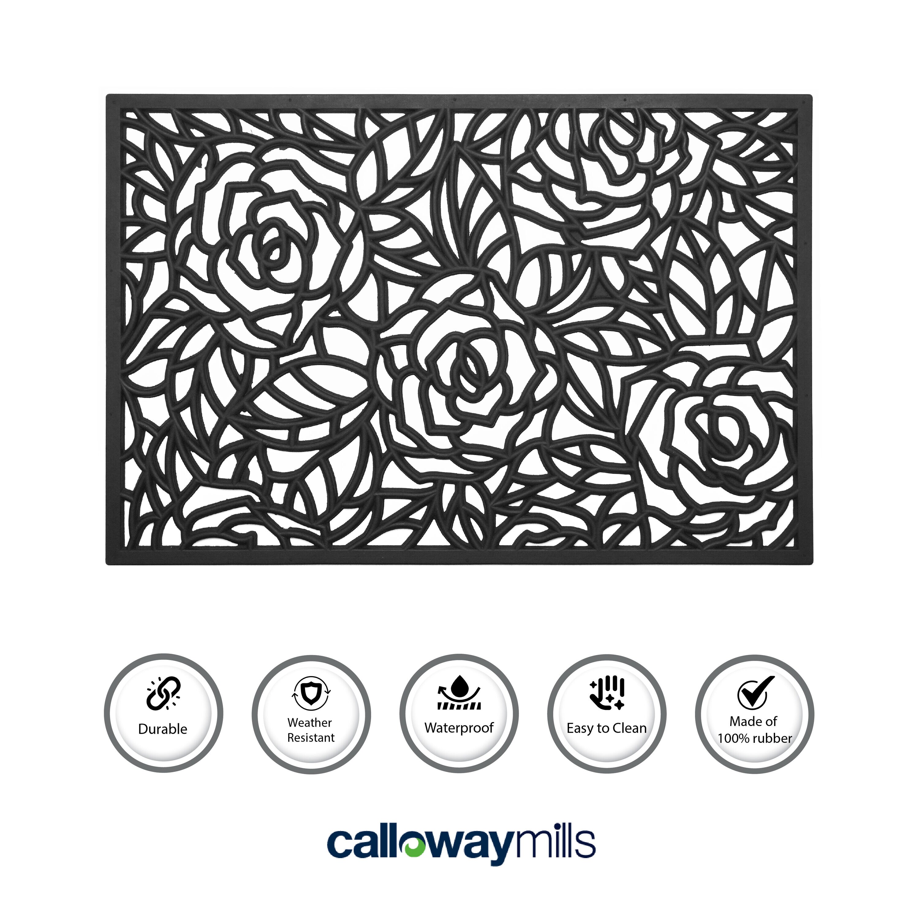 Black Rose Rubber Non-Slip Rectangular Indoor/Outdoor Doormat