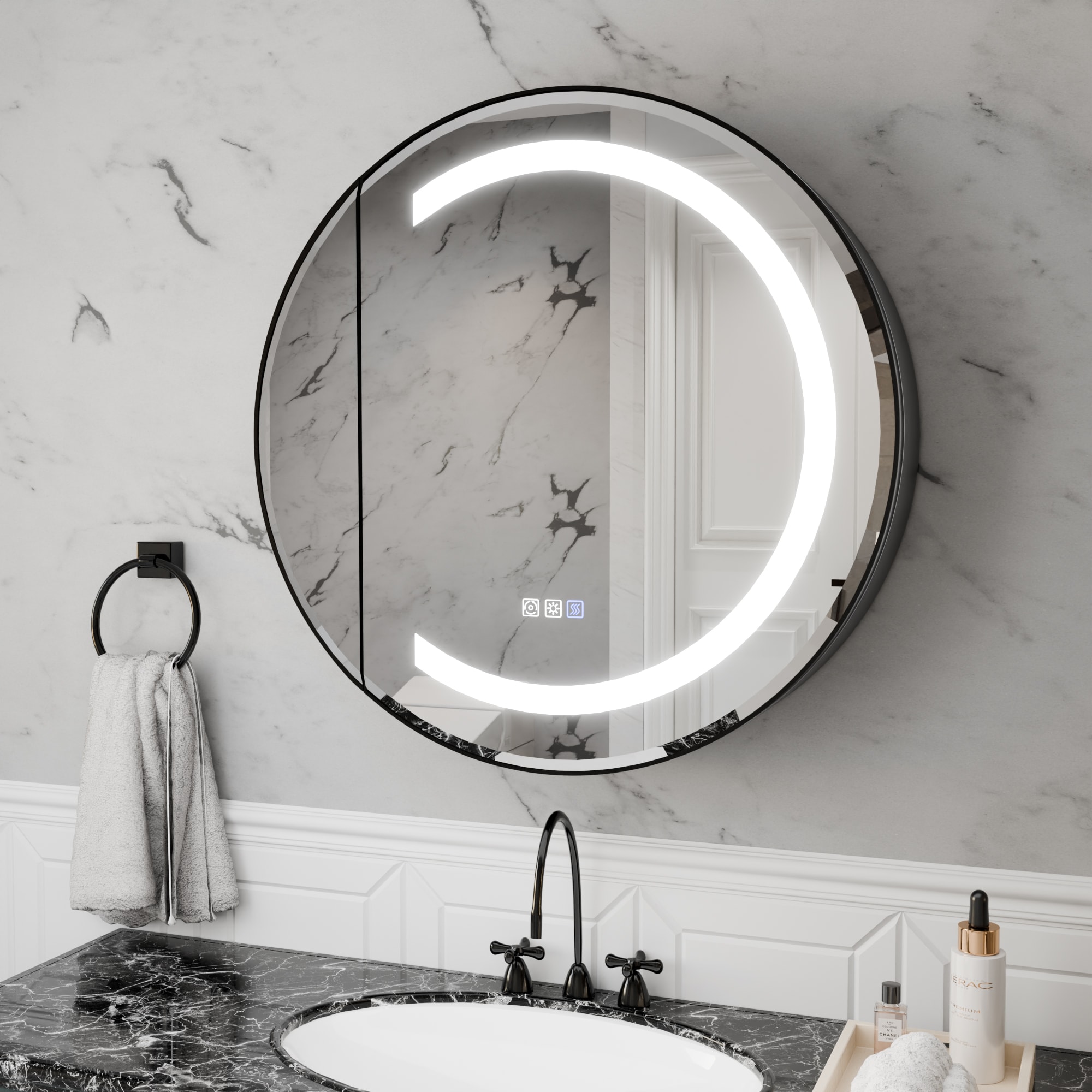 ExBrite W7MC2026R Rondel 28-in x 28-in Lighted LED Fog Free Surface Mount Matte Black Mirrored Round Soft Close Medicine Cabinet
