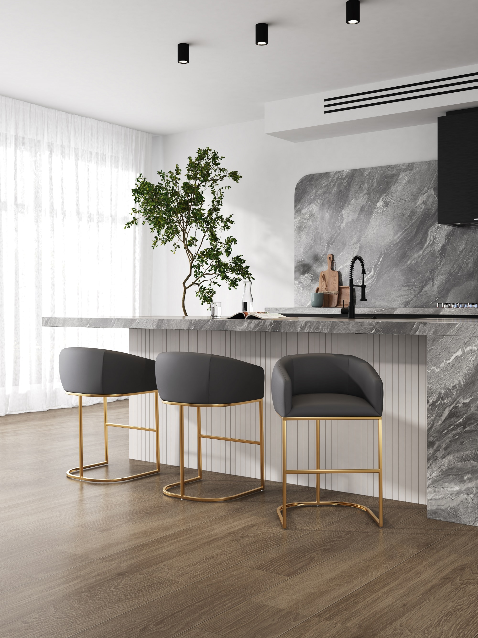 Manhattan Comfort 2-CS009-GY Set of 2 Grey and Titanium Gold 26-in H Counter height (24-in to 27-in) Bucket Seat Upholstered Wood Back Bar Stool with Arms and Back