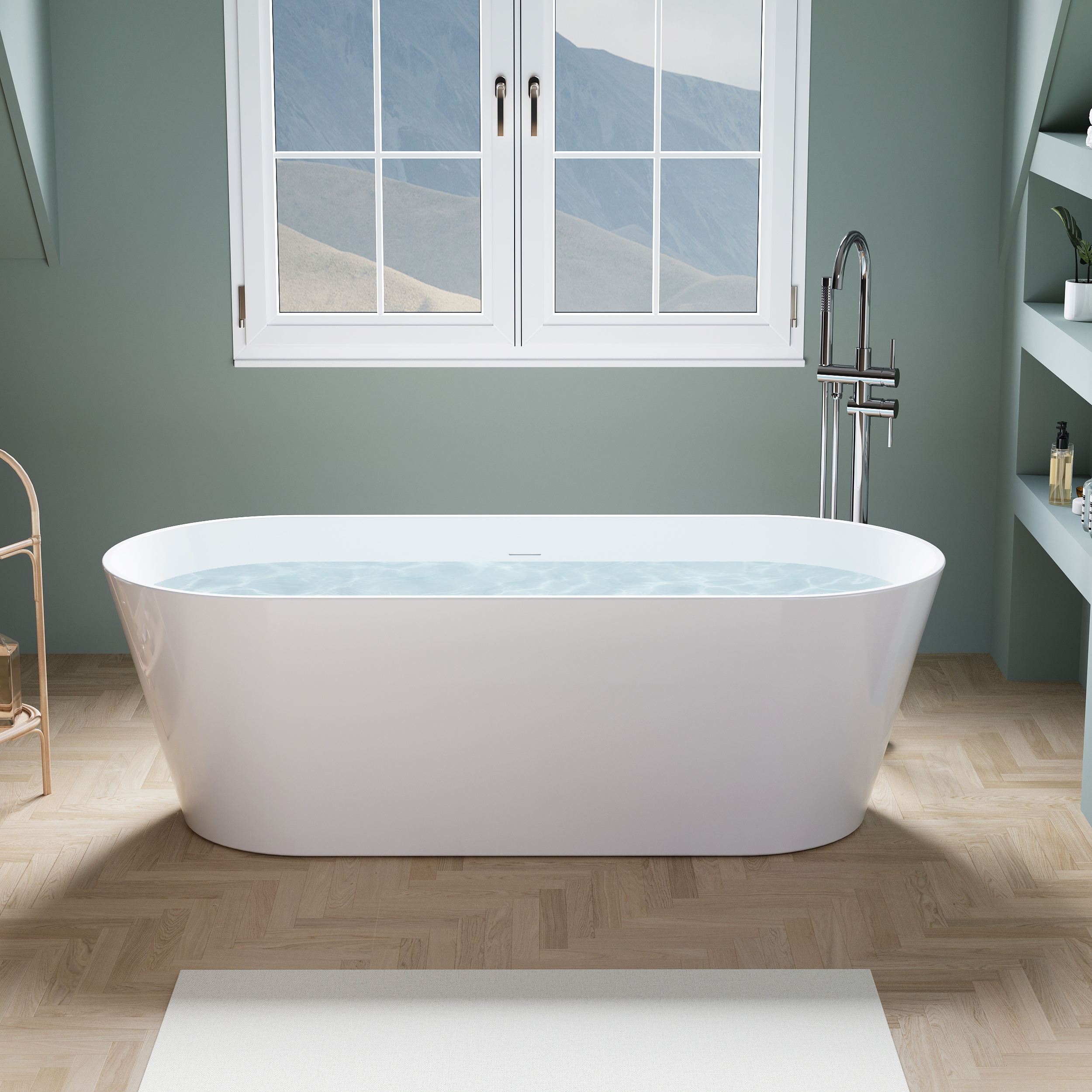 WELLFOR TO-ED-BV30GYBK BM Free Standing Bathtub 67-in x 28.75-in White Acrylic Oval Freestanding Soaking bathtub with Drain ( Center Drain )