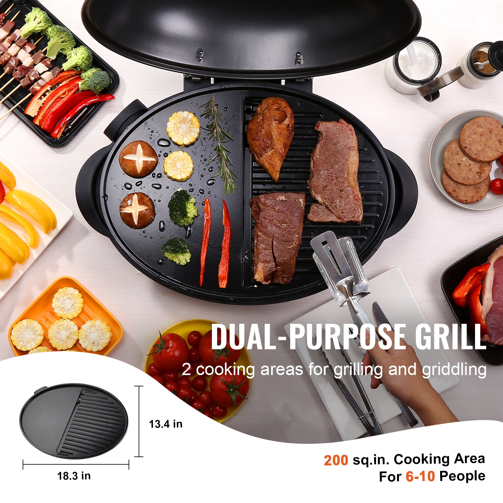 2-in-1 Grill & Griddle, Electric Smokeless Indoor Grill, 1800W Fast Heat Up  BBQ Grill, Nonstick Cooking Plate, 5 Levels Adjustable Temperature