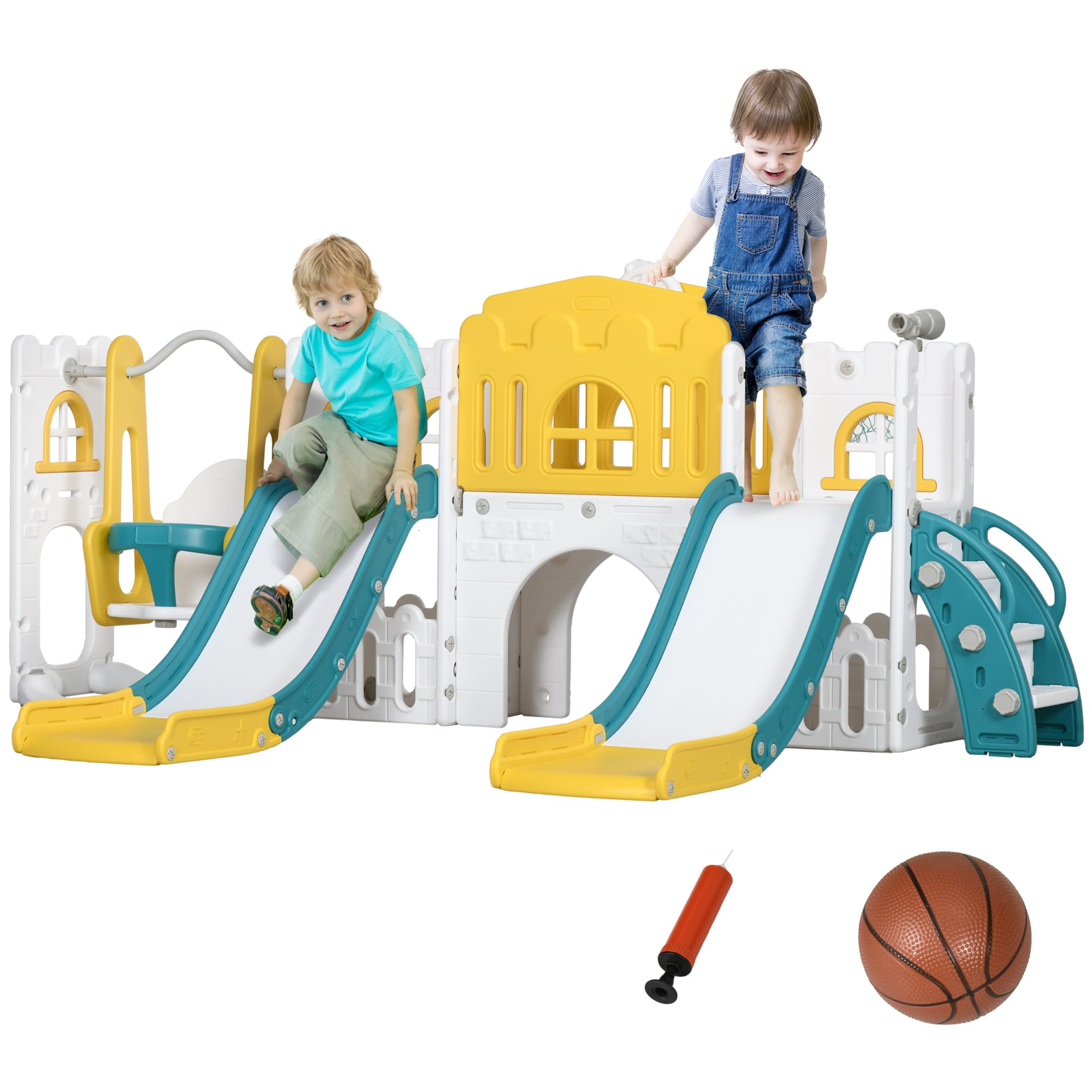 LUXEYARD 8 in 1 Toddler Slide and Swing Set with 2 Slides Baby Slide for Ages with Basketball Hoop Yellow