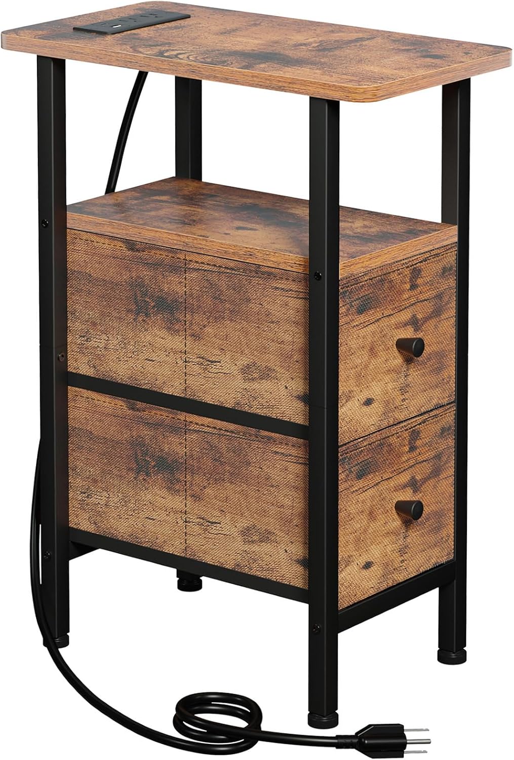 Amhancible - Narrow End Table with Charging Station and Drawers Rustic Brown