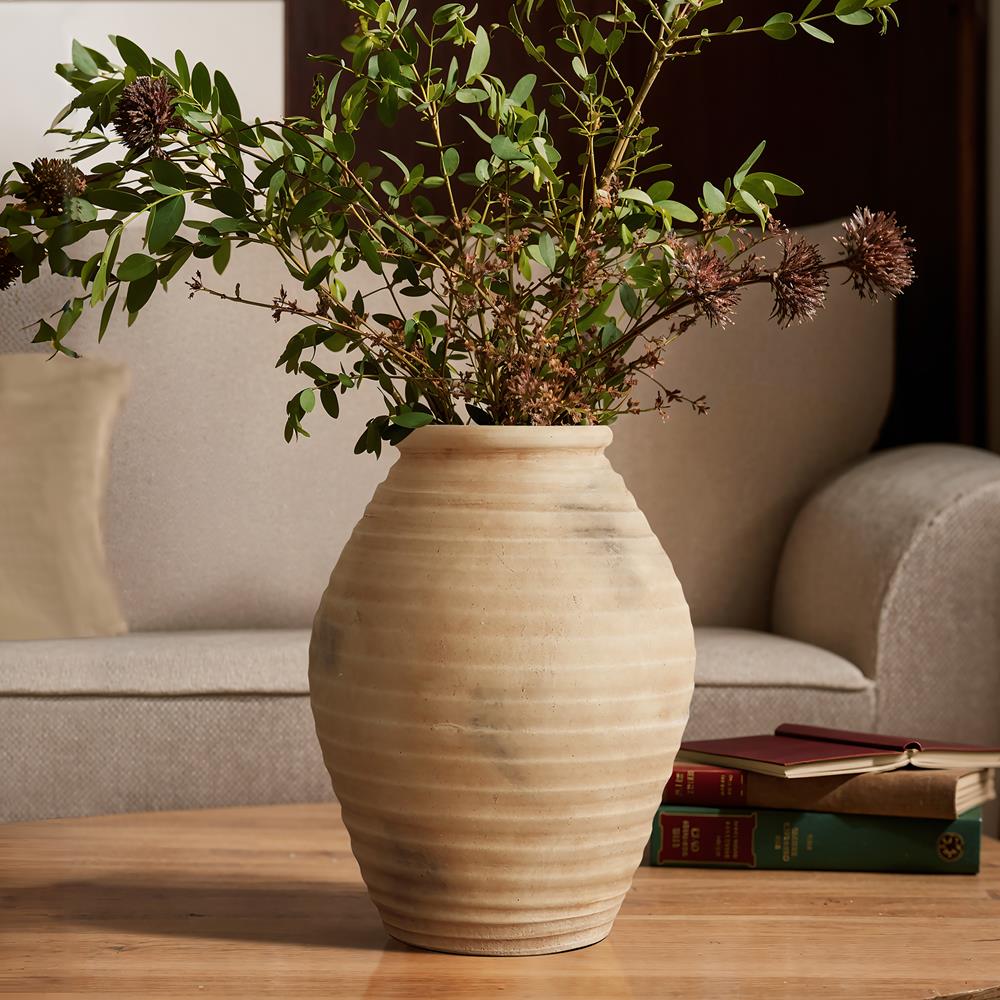 Rustic Light Brown Ribbed Ceramic Urn Vase 13.2-Inch Tall