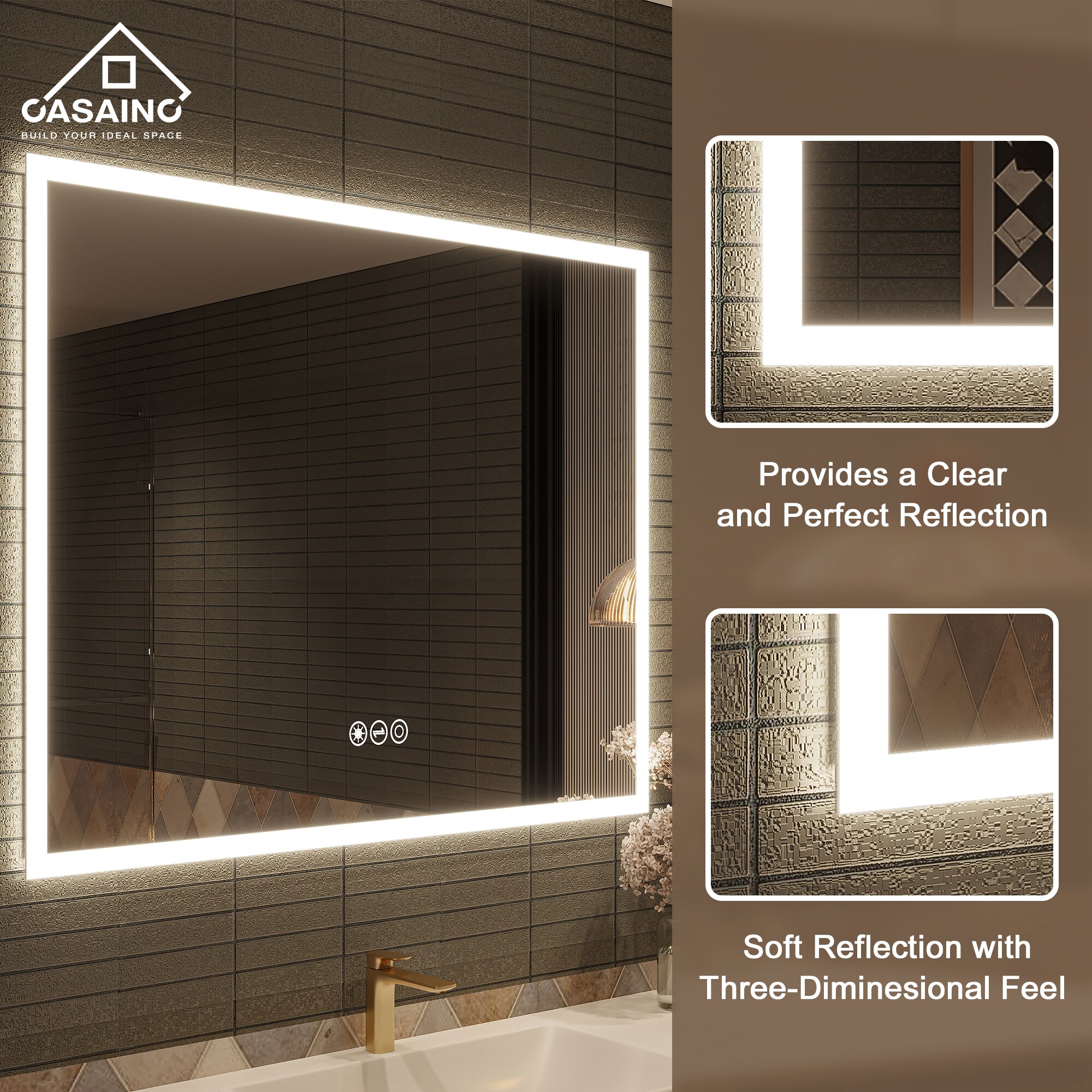 CASAINC Frameless LED bathroom mirror 48-in x 36-in Frameless Dimmable ...