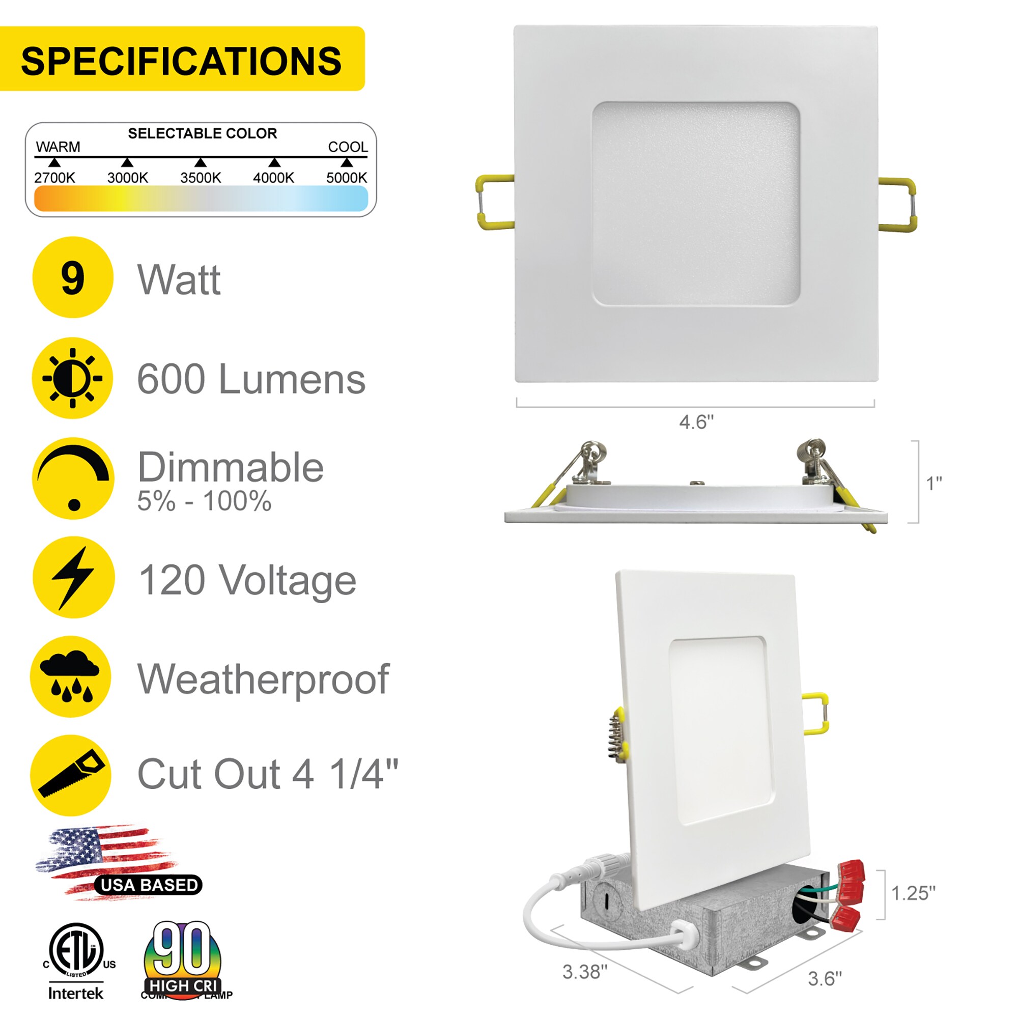 12-Pack White Aluminum Square LED Recessed Lights with Dimmable Feature