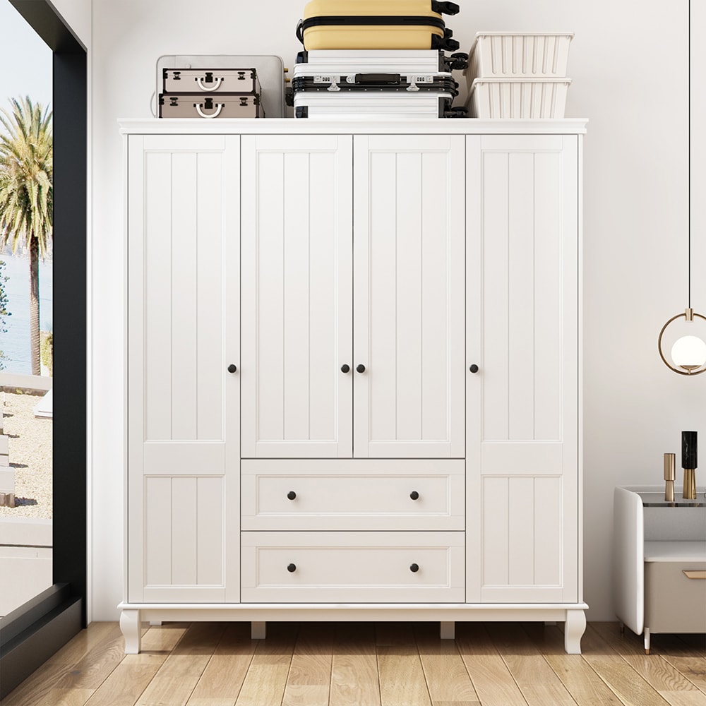 Homsee C-KF020285-01-AB Modern Armoire with 2 Hanging Rods 2 Drawers and 4 Doors for Closet Large Storage Capacity 63''L x 18.9''W x 71.3''H White